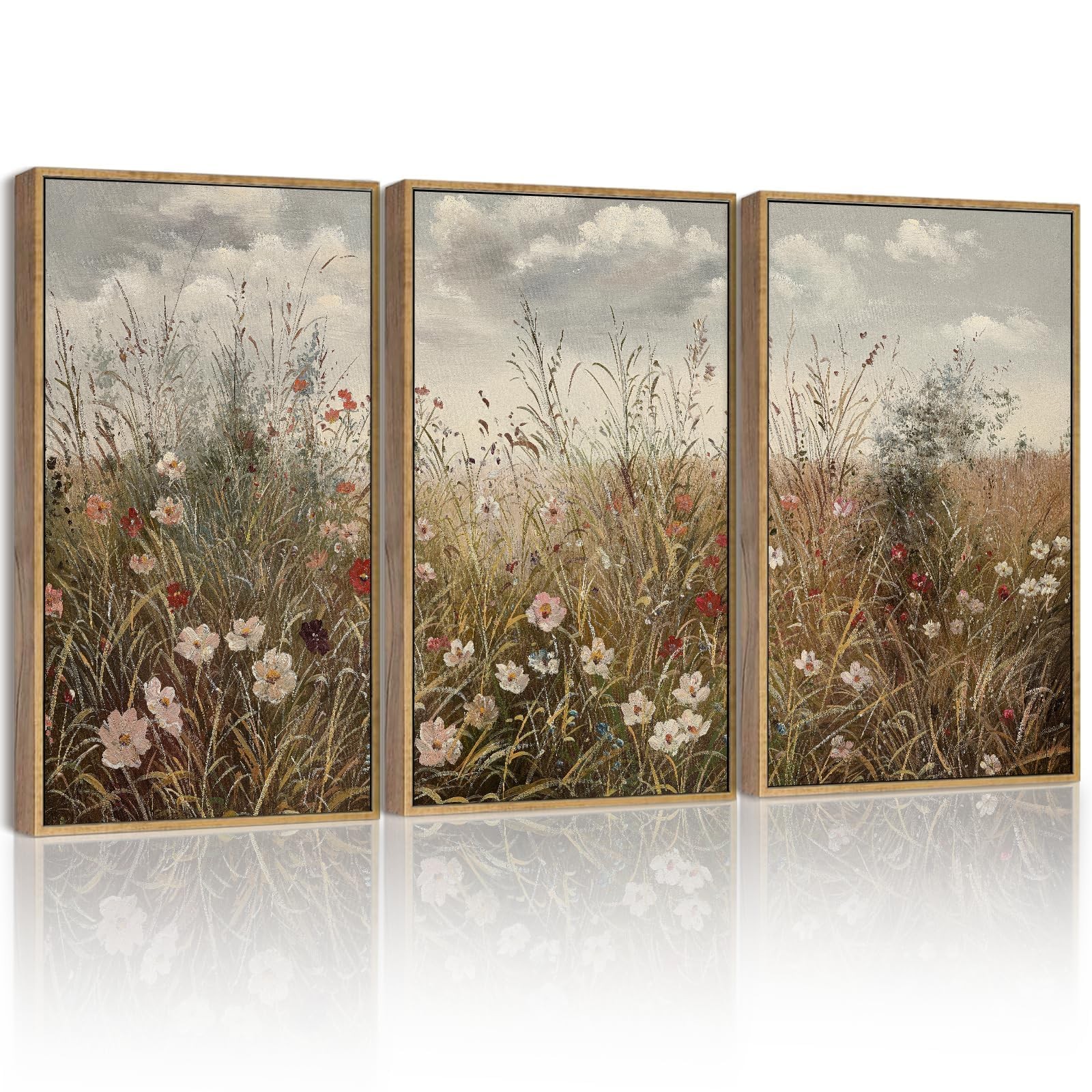 SHENIFY Vintage Landscape Framed Wall Art Meadow Flowers 11x14in 3pcs Natural