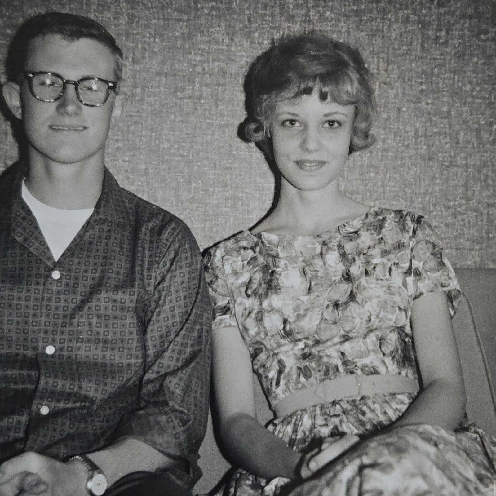 Vintage B&W Photo Snapshot of Smiling Young Couple Sitting on Couch