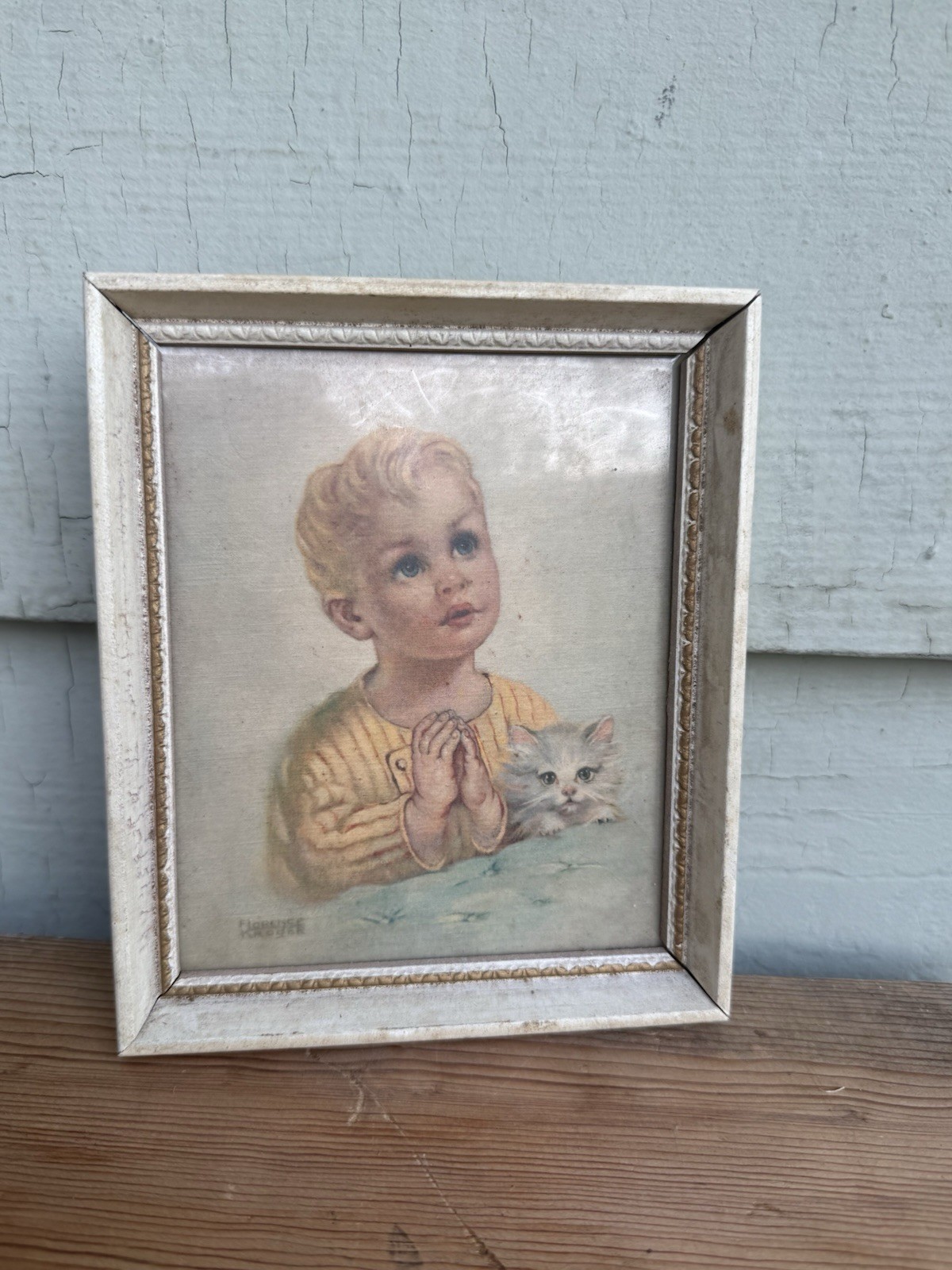 Vtg 40’s Florence Kroger Praying Boy Kitten Lithograph Framed Religious Art