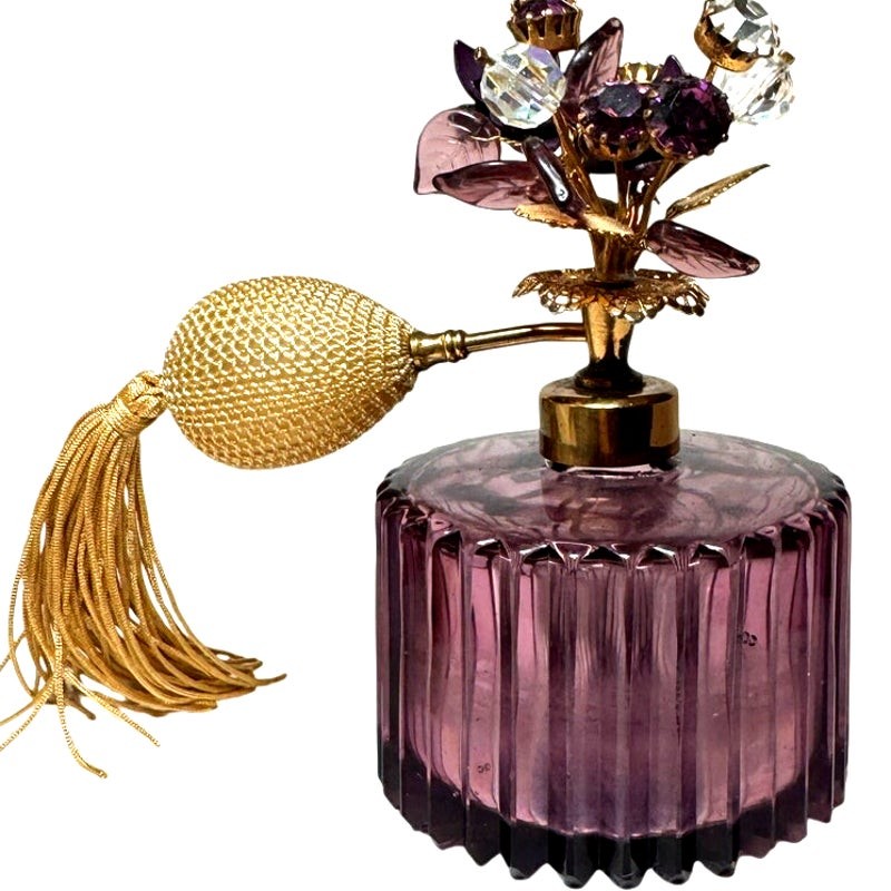 Vintage Amethyst Ribbed Glass Perfume Bottle w/Atomizer & Jeweled Floral Top