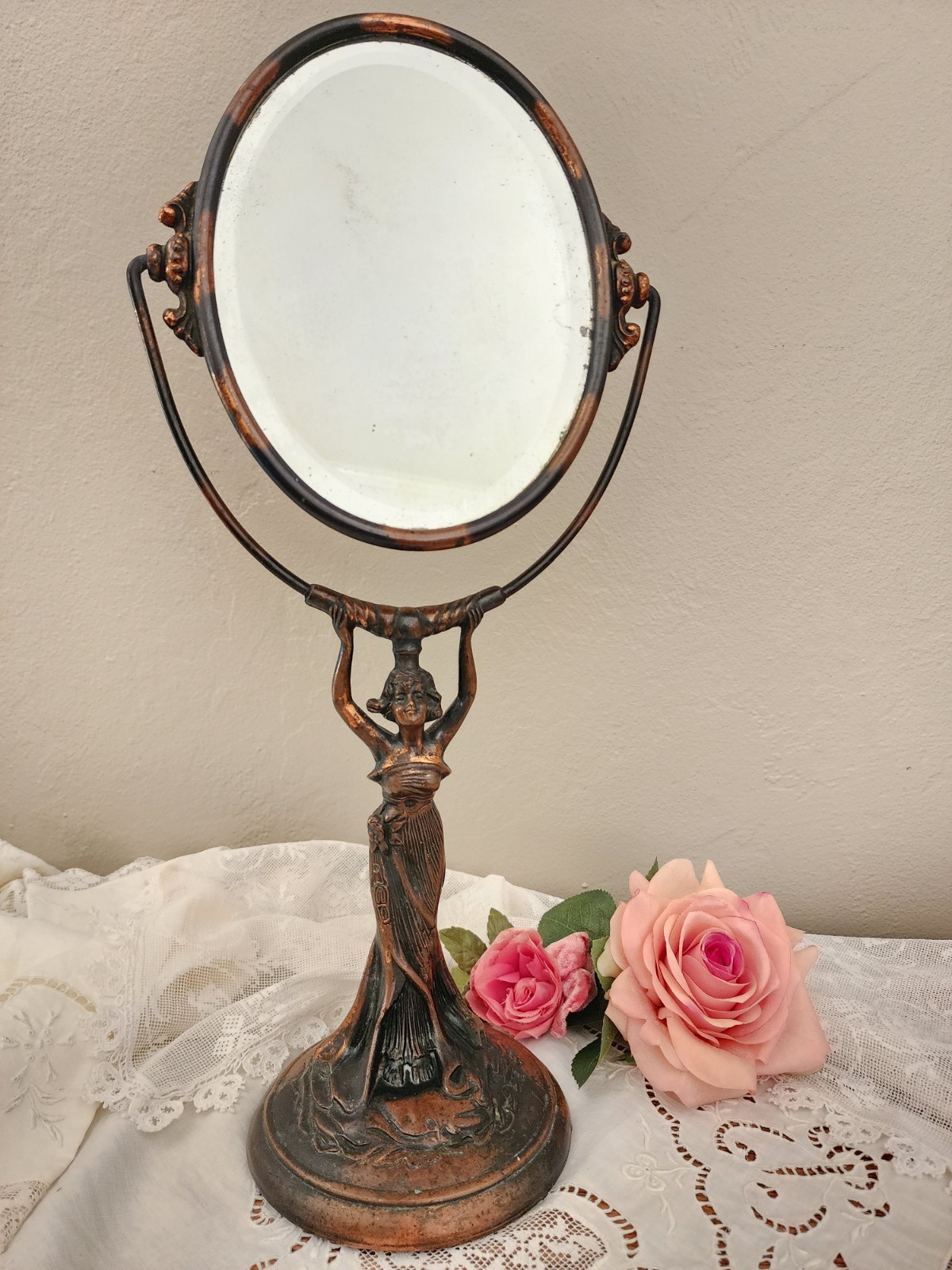 Antique Art Nouveau Copper Swivel Tabletop Beveled Vanity Mirror w/Elegant Lady
