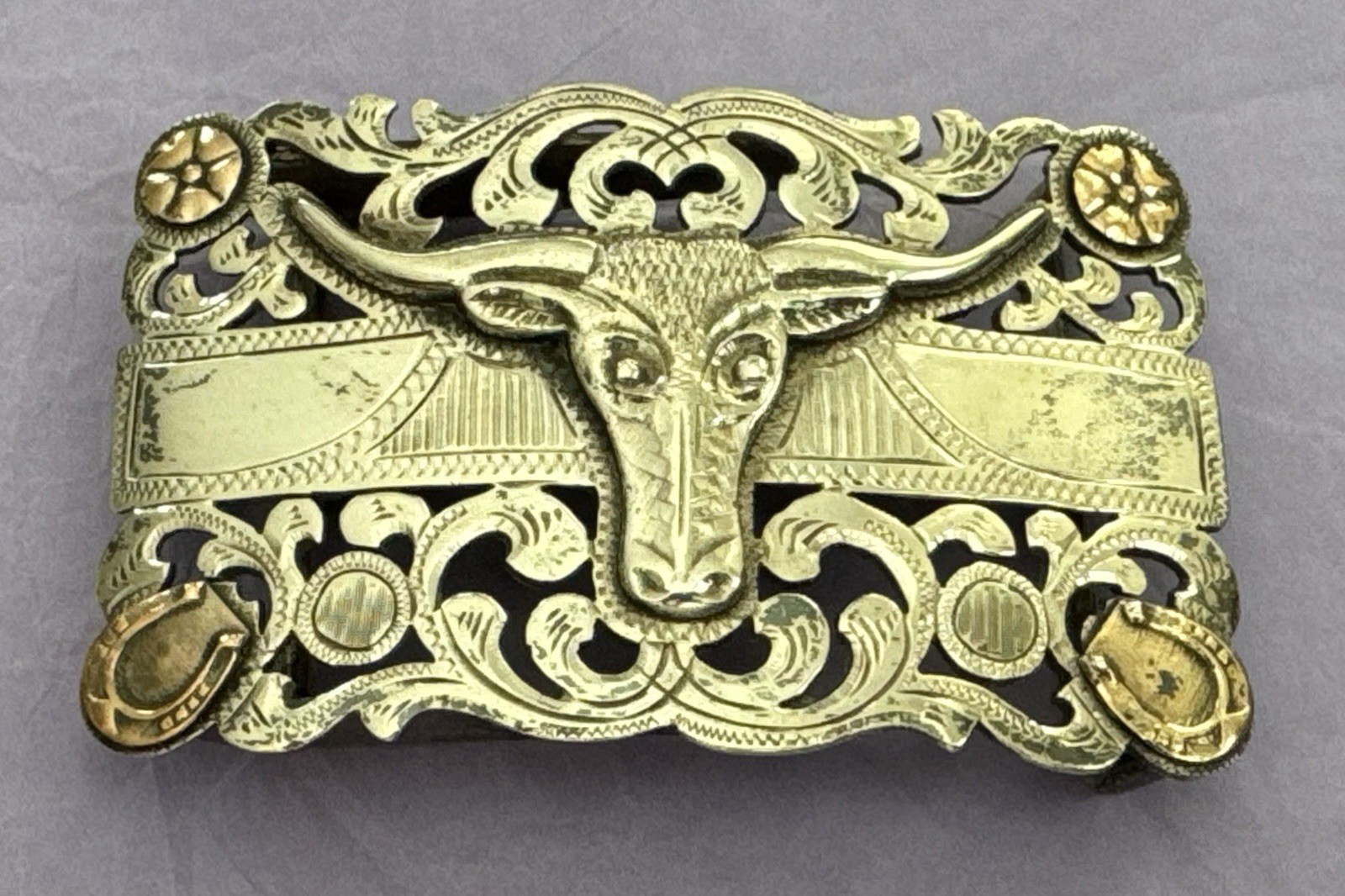 VTG Rare Open Filigree México Sterling Silver Longhorn & Horseshoes Belt Buckle