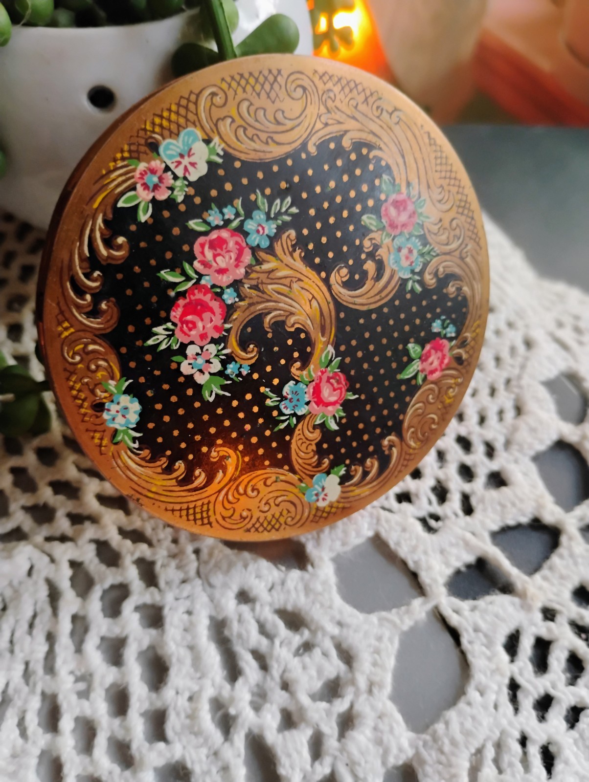 Vintage Mascot ASB Powder Compact Brass Floral Black Gold