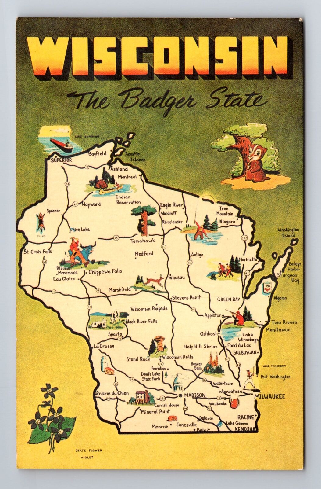 WI-Wisconsin, General Map Greetings, Landmarks, Antique, Vintage Postcard