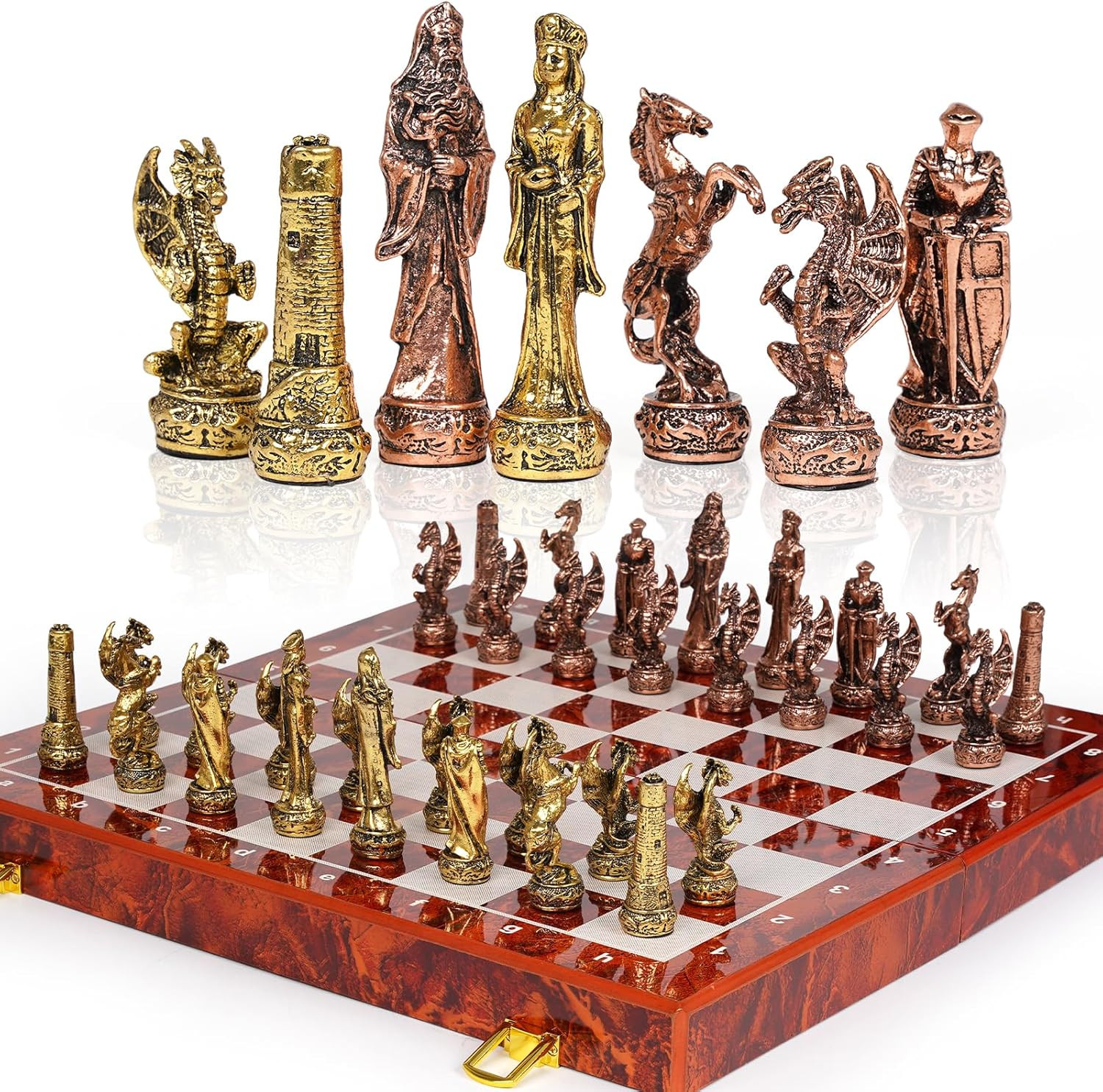 Vintage Figurine Metal Chess Set for Adults and Kids - 15'' Wooden Board with Me Vintage Figurine Metal Chess Set for Adults and Kids - 15'' Wooden Board with Me