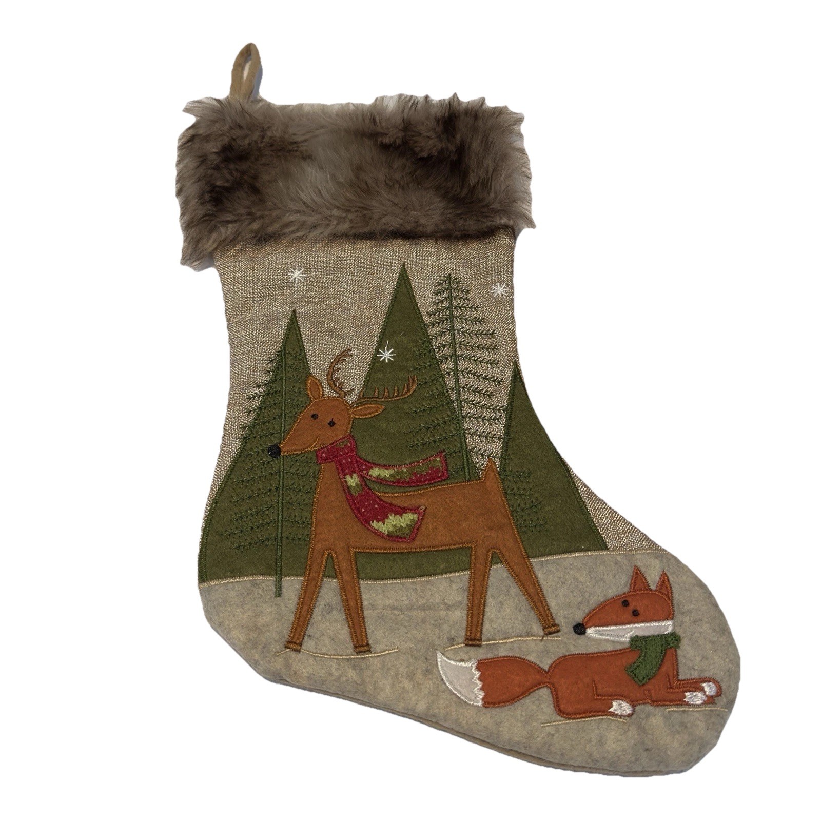 Hobby Lobby Christmas Stocking Deer Pine Trees Fox Multiple Fabric Applique