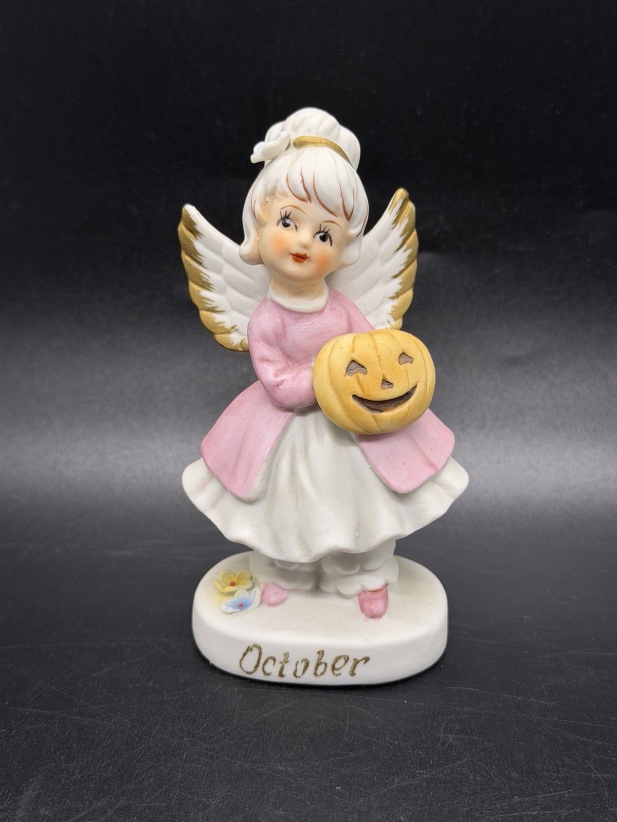 Vintage Lefton October Birthday Girl Angel Figurine/Halloween/Jack O Lantern