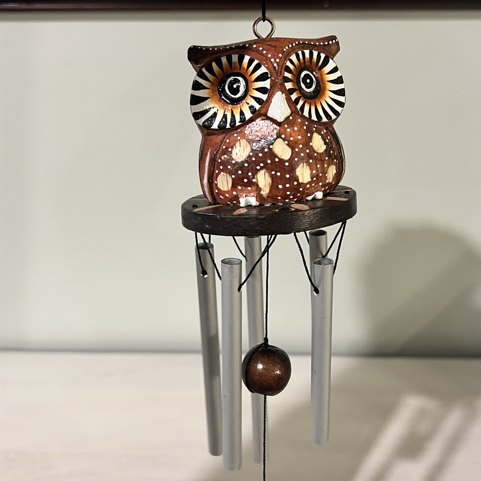 Vintage Hand Carved Hand Painted Owl Wind Chime 23\