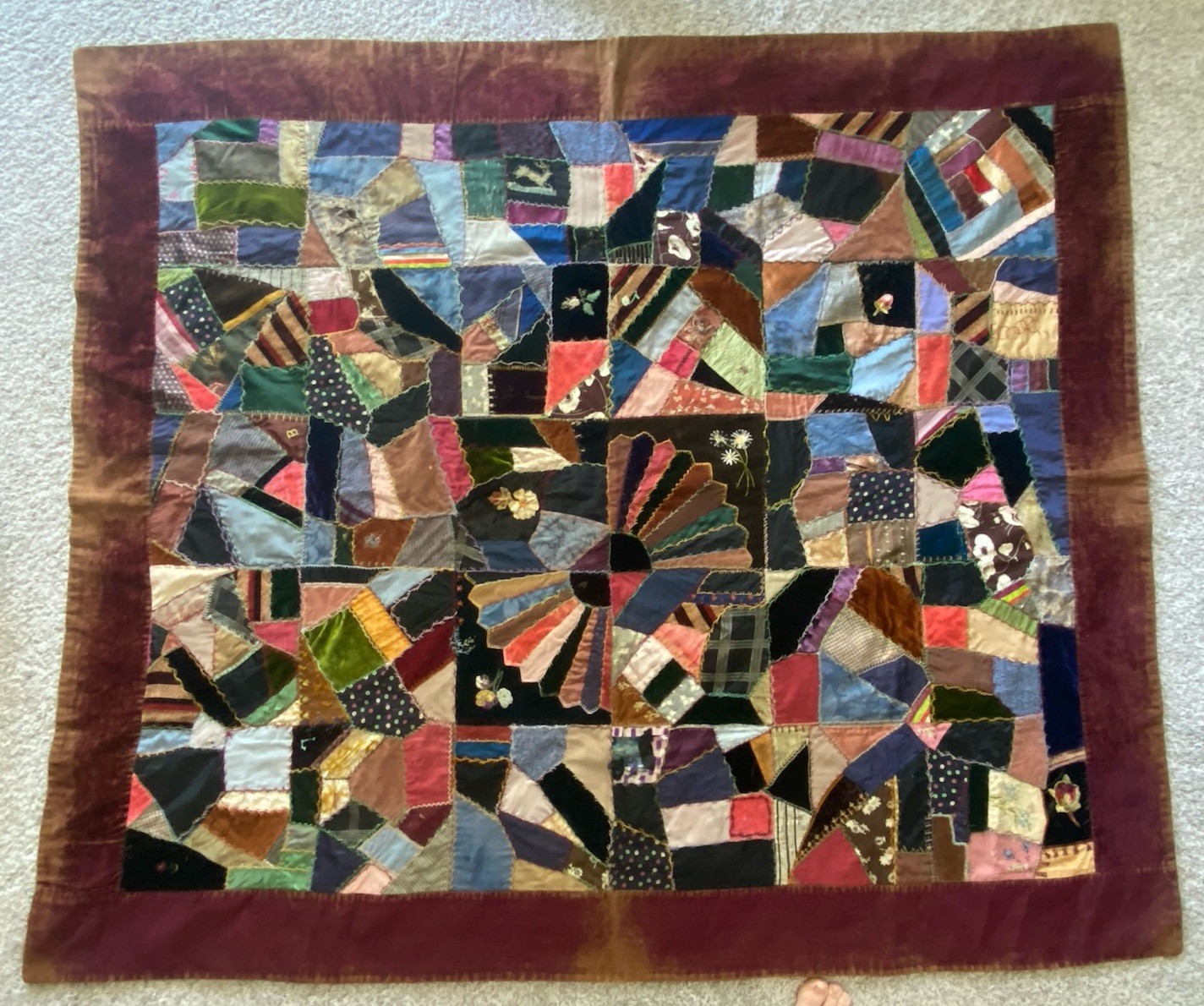 Antique Victorian Crazy Quilt Satin Silk Velvet Embroidered 55x65 Beautiful Soft