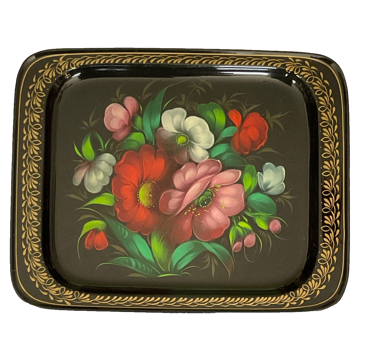 Vintage Zhostovo Hand‑Painted Metal Tray Made in the USSR 12x 10 Floral Folk Art Vintage Zhostovo Hand‑Painted Metal Tray Made in the USSR 12x 10 Floral Folk Art