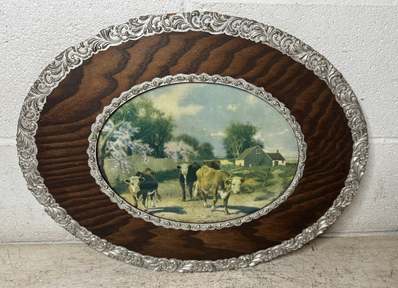 Antique Victorian Frame Litho Cows Farm Blossoms Landscape Scene 15”x19”