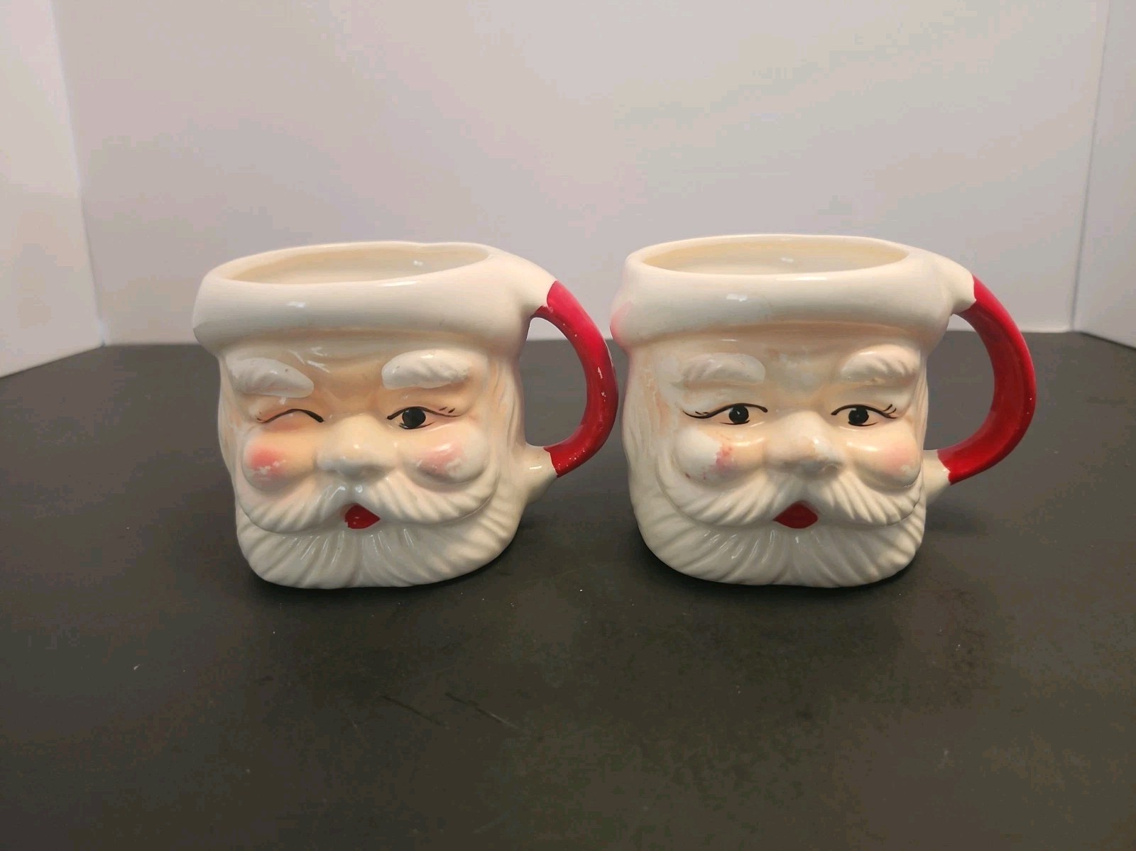 Vtg 2 Japan Santa Claus 1 Winking & 1 With Eyes Open Christmas Ceramic Mugs 