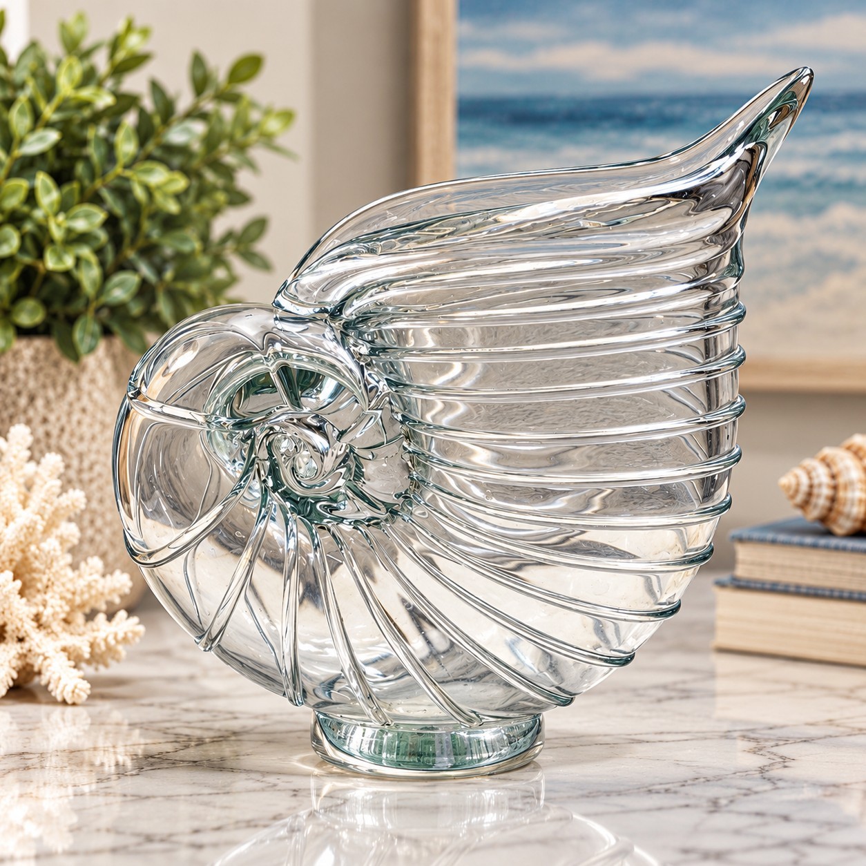 Vintage Clear Glass Nautilus Shell Vase Large 9\