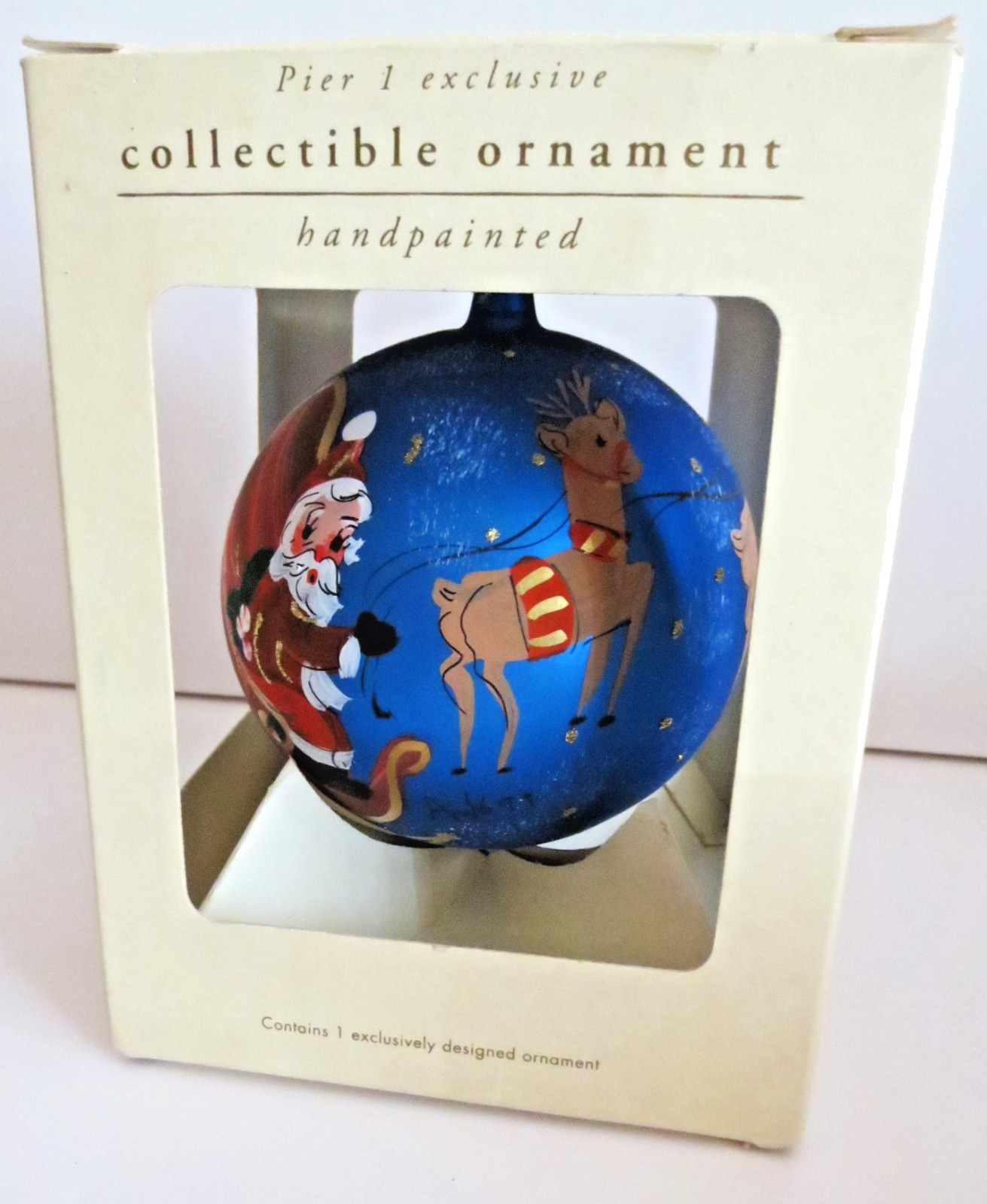 PIER 1 HANDPAINTED EXCLUSIVE COLLECTIBLE ORNAMENT SANTA REINDEER MADE IN ITALY