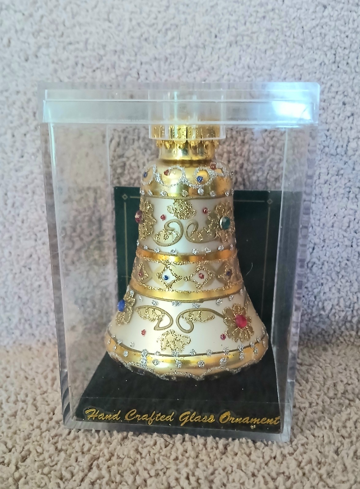 Vintage Unique Treasures Collection Jeweled Bell Glass Christmas Ornament & Case