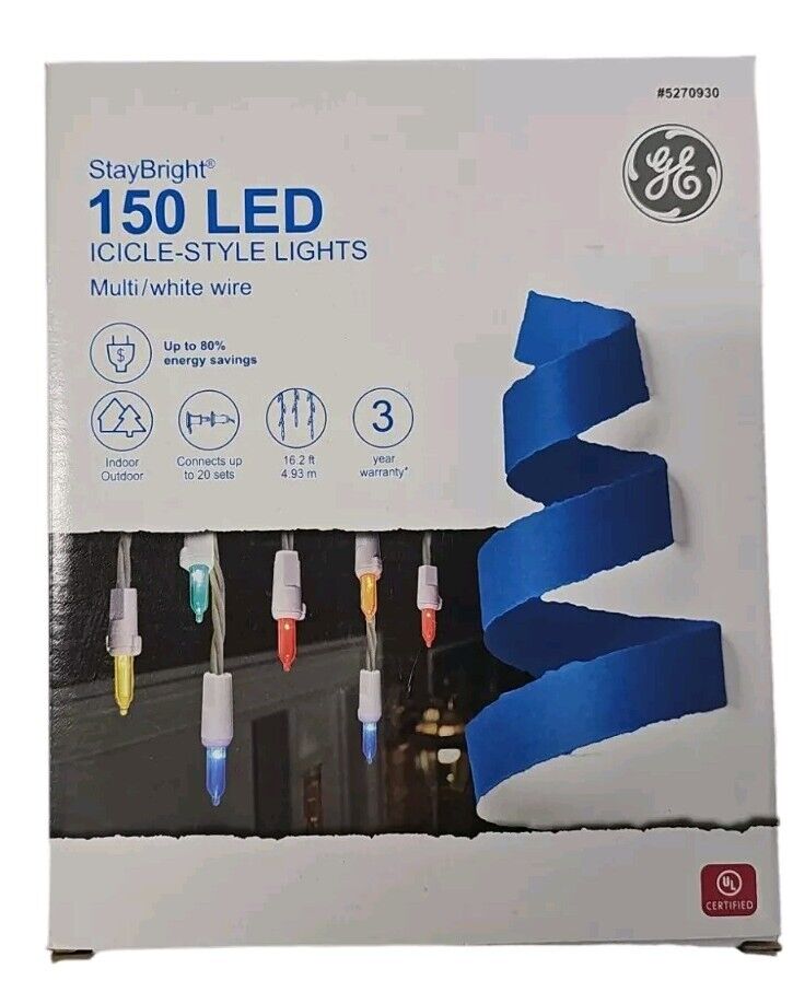 GE StayBright 150 Icicle Light String Holiday Christmas Multi LED On White Wire