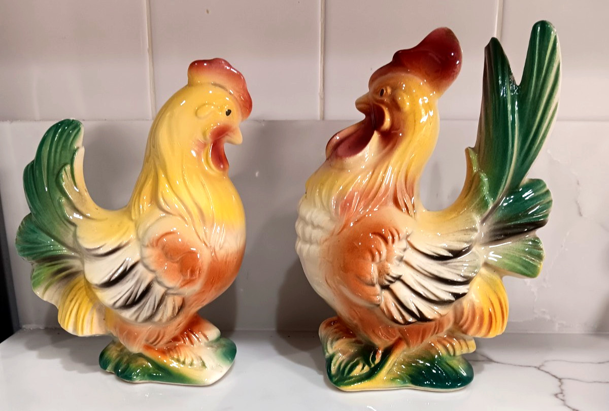 Pair Vtg Royal Copley Hen Chicken Rooster Colorful Ceramic Figurines VGC READ