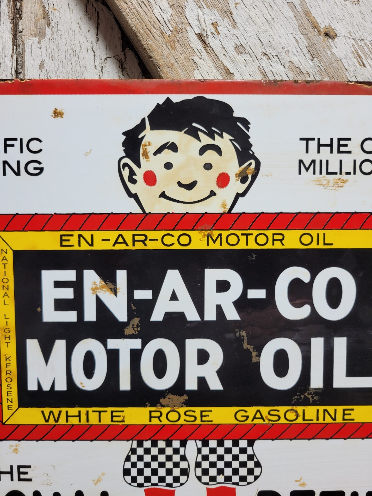 VINTAGE EN-AR-CO PORCELAIN SIGN OLD ENARCO REFINING OIL BOY WHITE ROSE GASOLINE VINTAGE EN-AR-CO PORCELAIN SIGN OLD ENARCO REFINING OIL BOY WHITE ROSE GASOLINE
