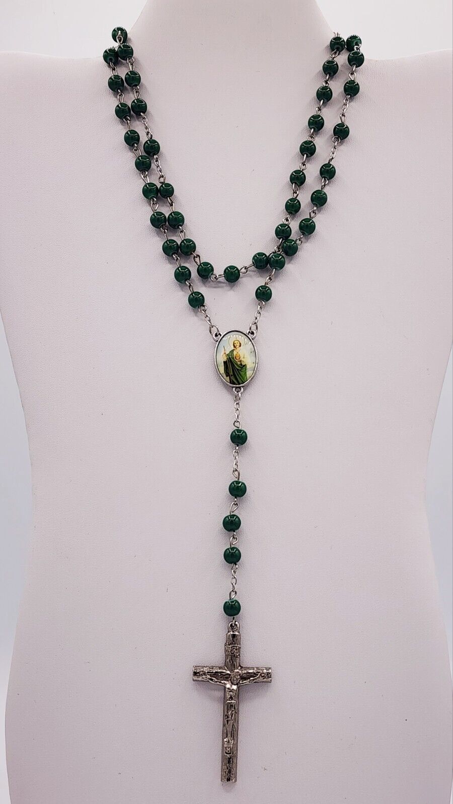 Vintage J.X.P. PAX AMOR Green Beaded Rosary M177