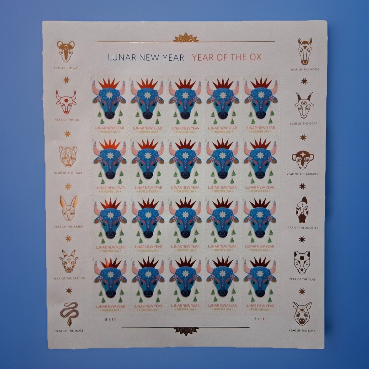 2021 USPS SHEET OF 20 FIRST CLASS LETTER STAMPS LUNAR NEW YEAR- OX 78¢