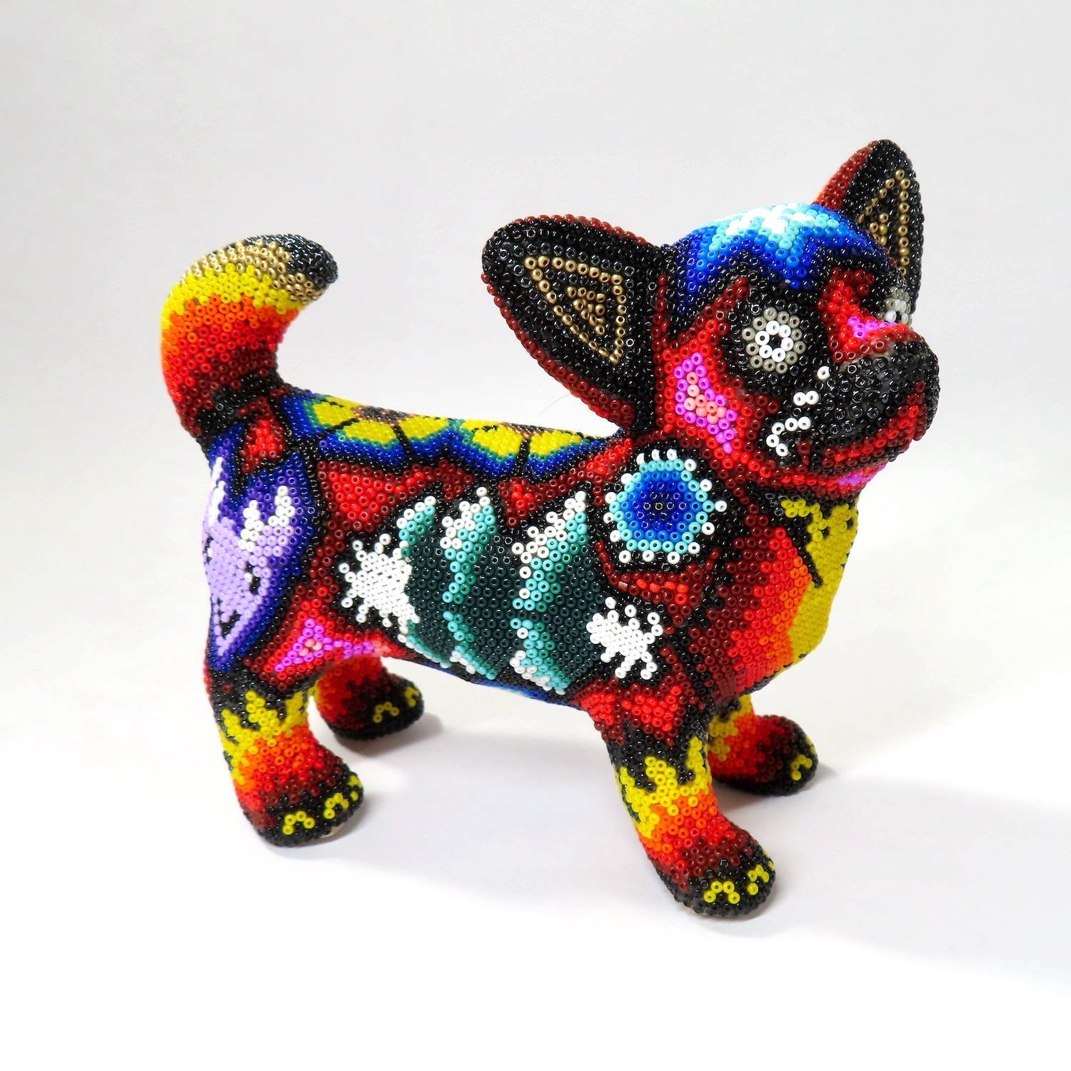 Huichol Beaded Chihuahua Dog Sculpture Signed Librado Wixarika Mexican Folk Art