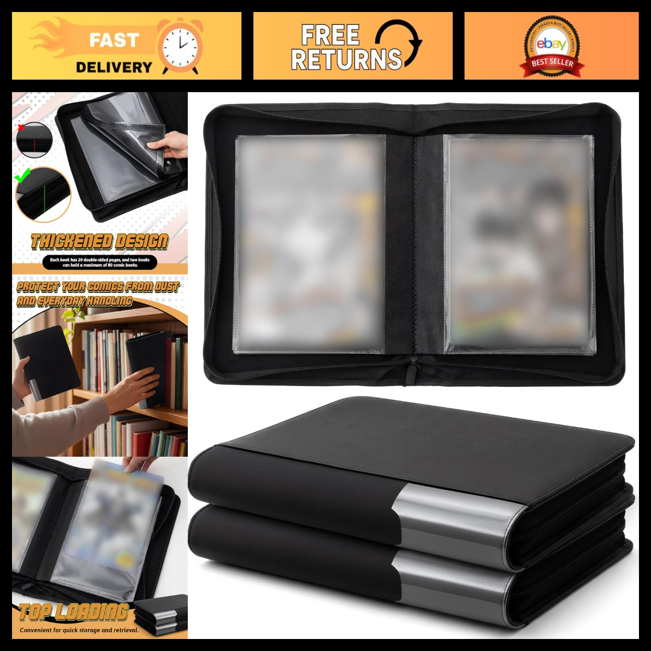 Comic Book Binder 2 Pack - 40 Sleeves, Holds 80 Comics, Black Storage Organizer