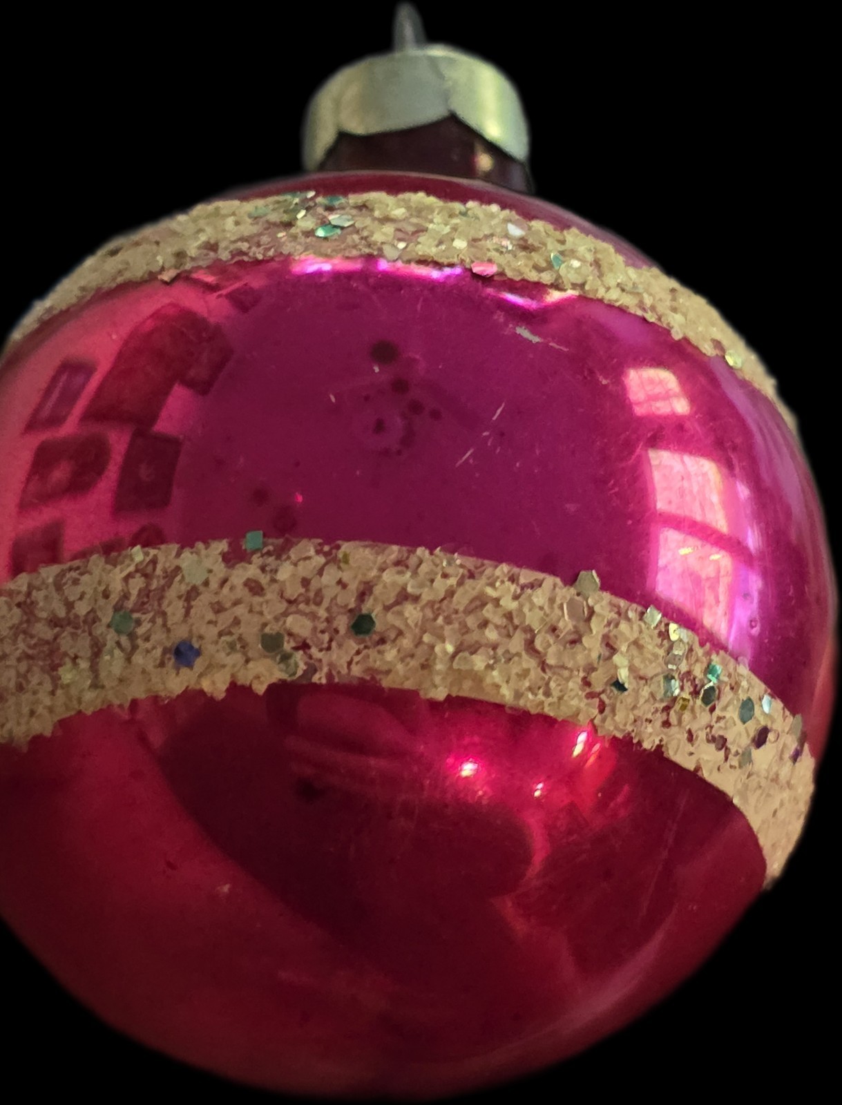 Vintage RARE Franke Hot Pink Snowball Confetti Mica Striped Glass Ornament