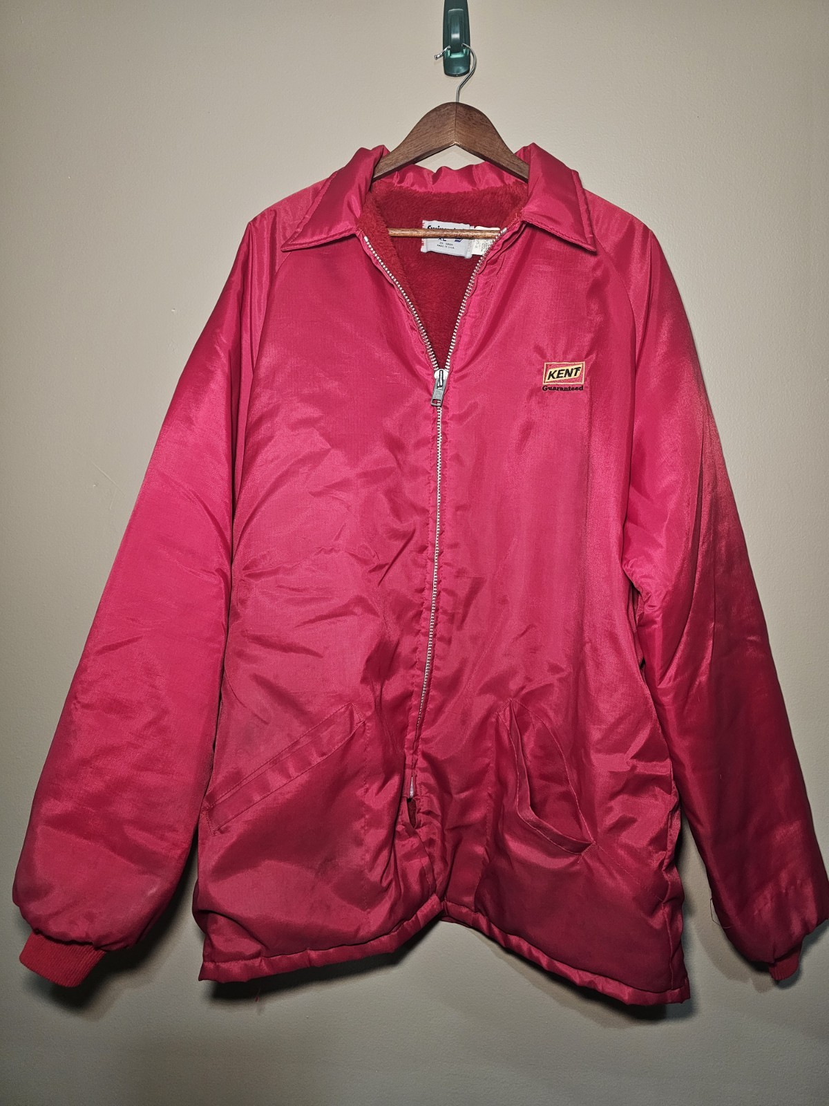 Vintage Kent Feeds Guaranteed Swingster Red Nylon Lined Jacket Size XL Tall Seed