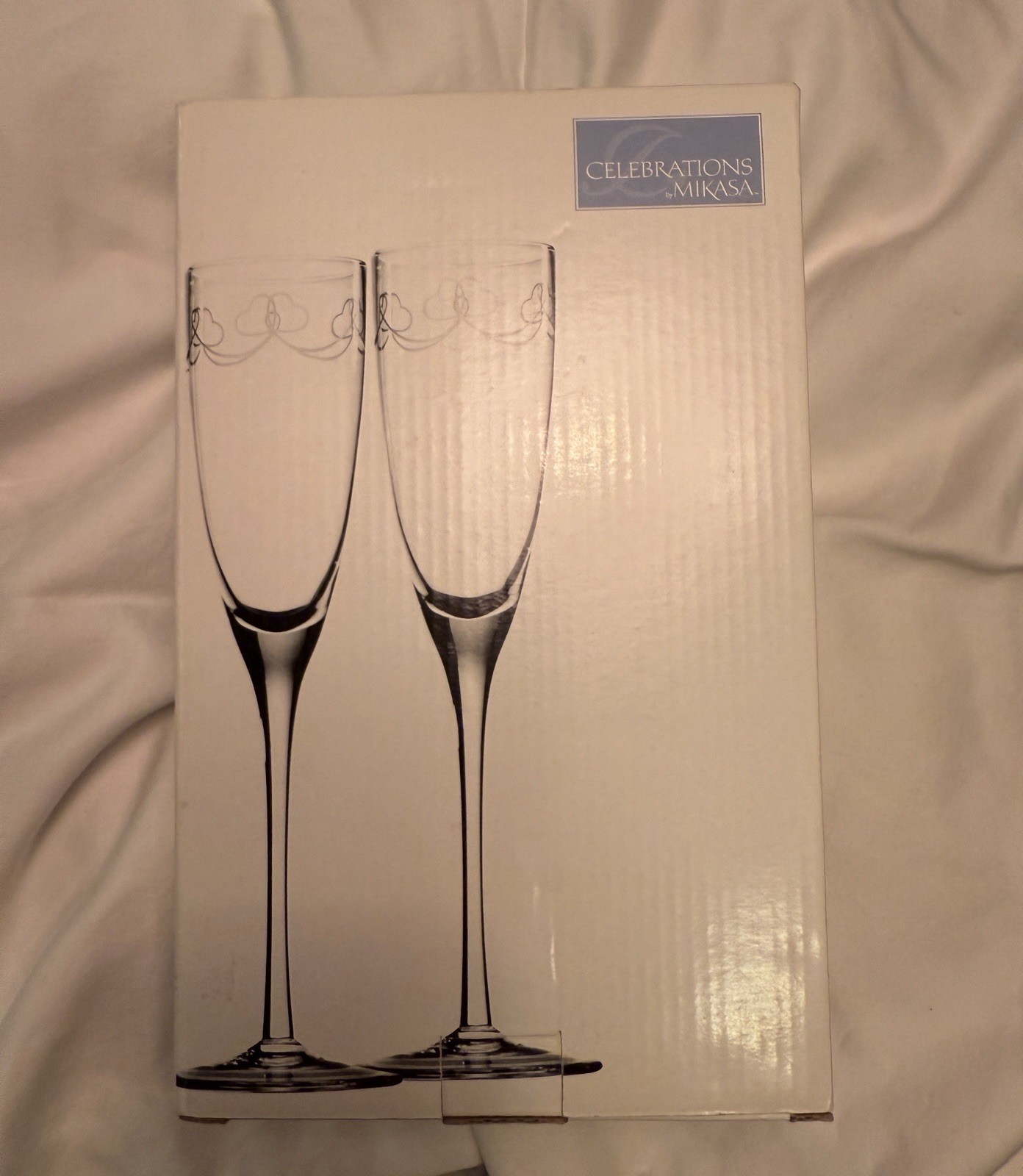 Mikasa Celebrations Romantic Ribbon Champagne Flutes Glasses Set of 2 Crystal