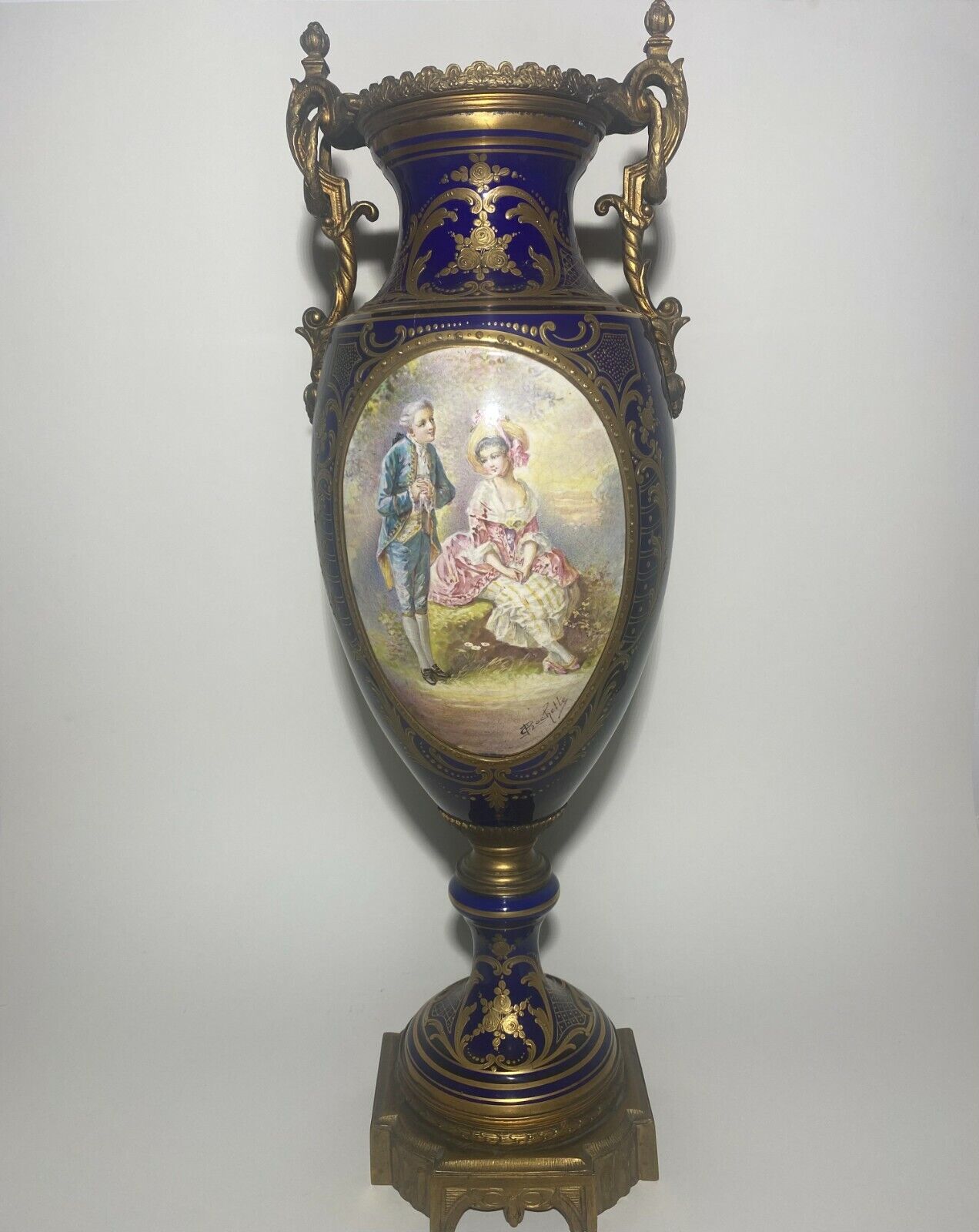 Sevres style porcelain vase urn 19th century blue ground french france