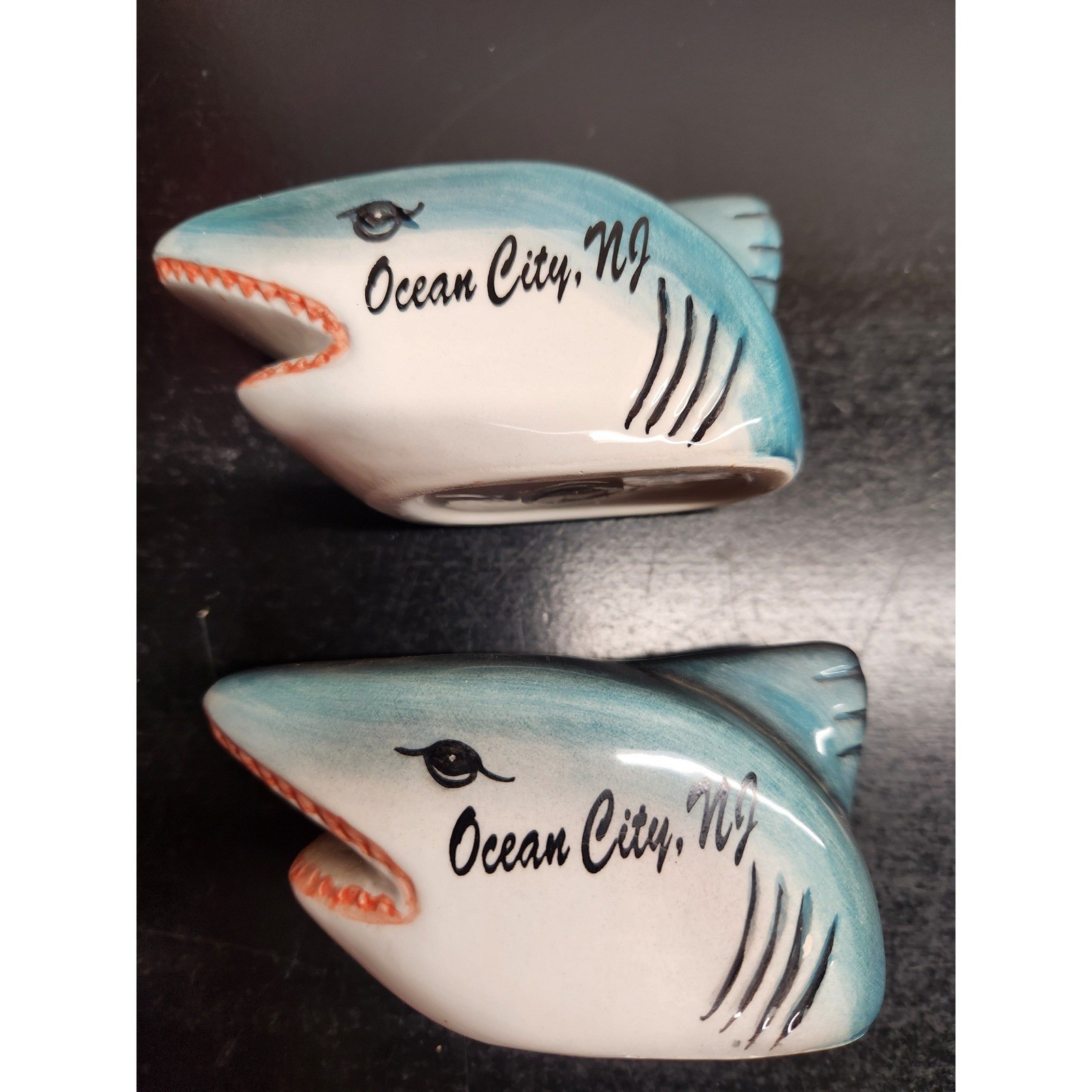 Ocean City NJ Shark Salt and Pepper Shakers Set AGIFT CORP Blue Ceramic Souvenir