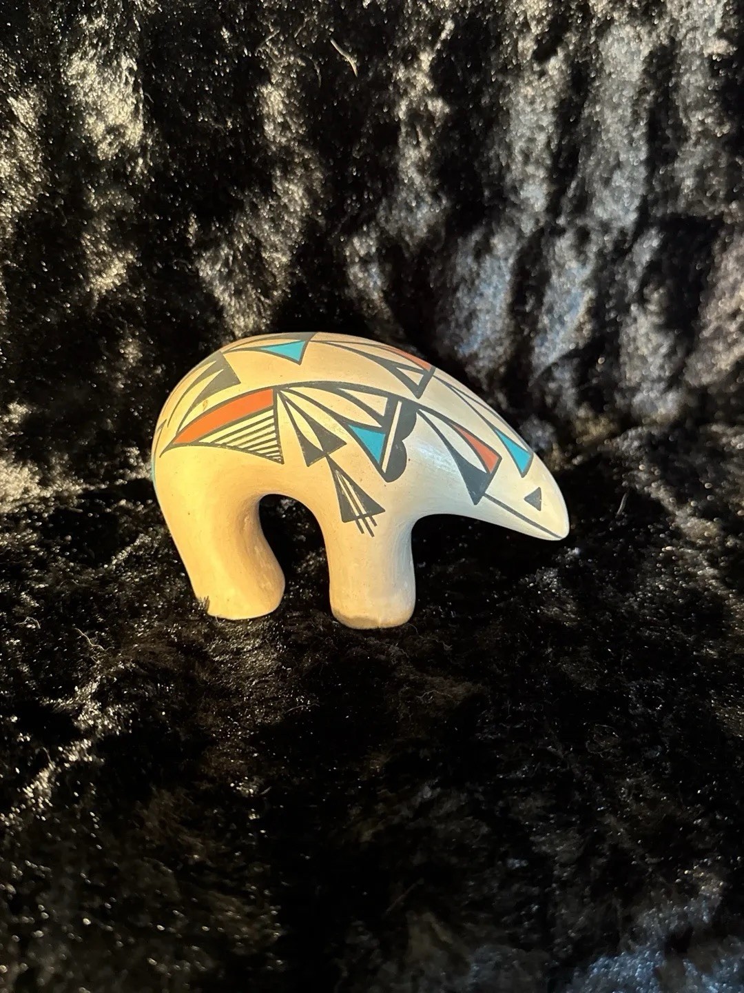 Vintage Acoma Pueblo Pottery Bear Figurine With Geometric Patterns.