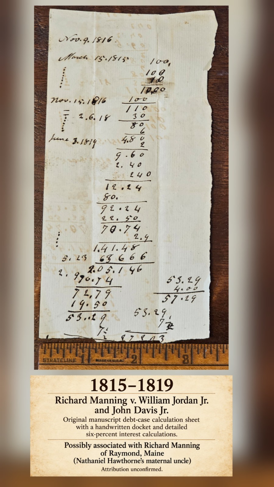1815-1819 Richard Manning Debt Manuscript Possibly Nathaniel Hawthorne\'s Uncle