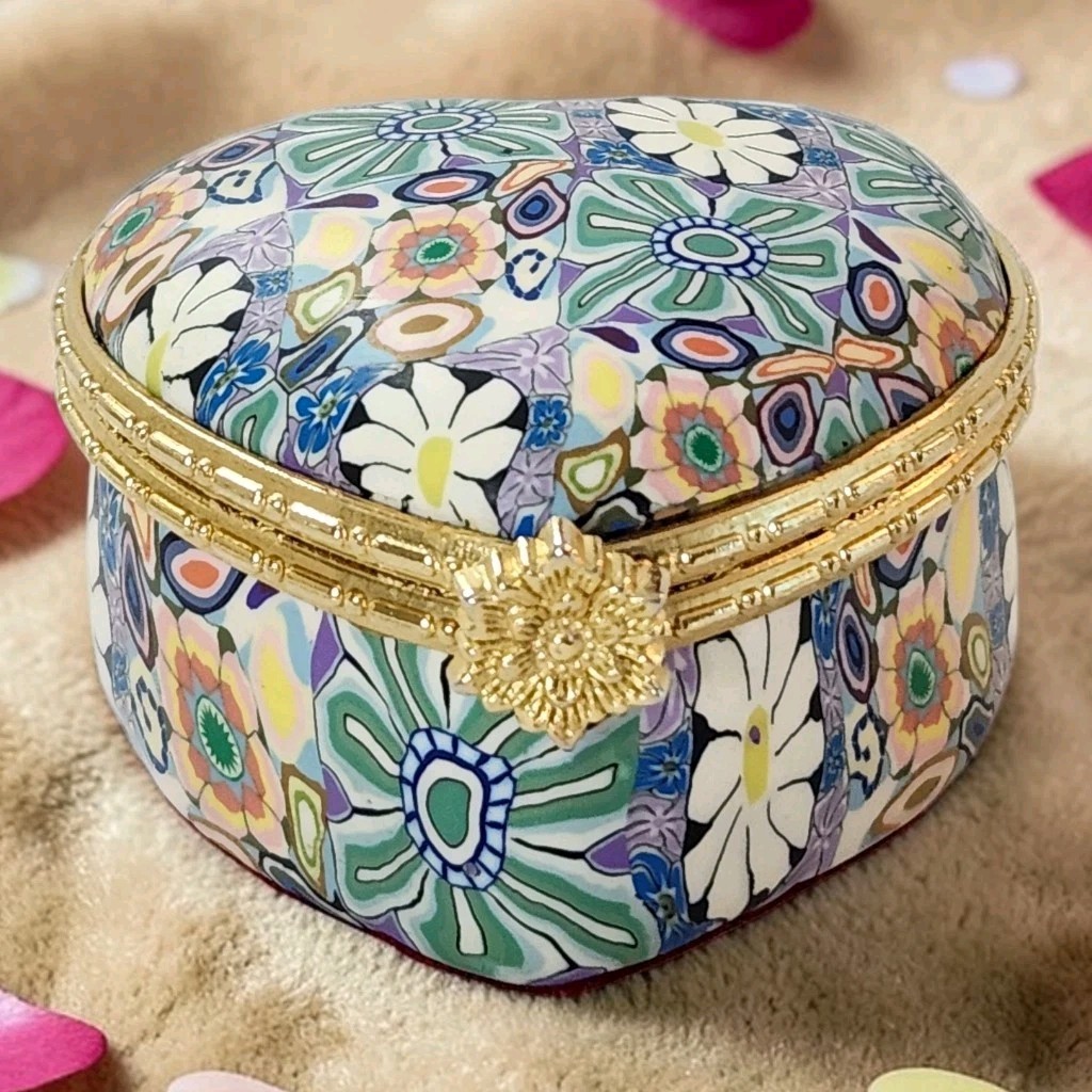 Vtg Polymer Clay Millefoiri Style Trinket Box Heart Shaped Velvet Lined 1.75\