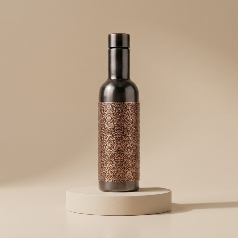 700ML Copper Water Bottle Engraved Rose Gold Antique Finish Vintage