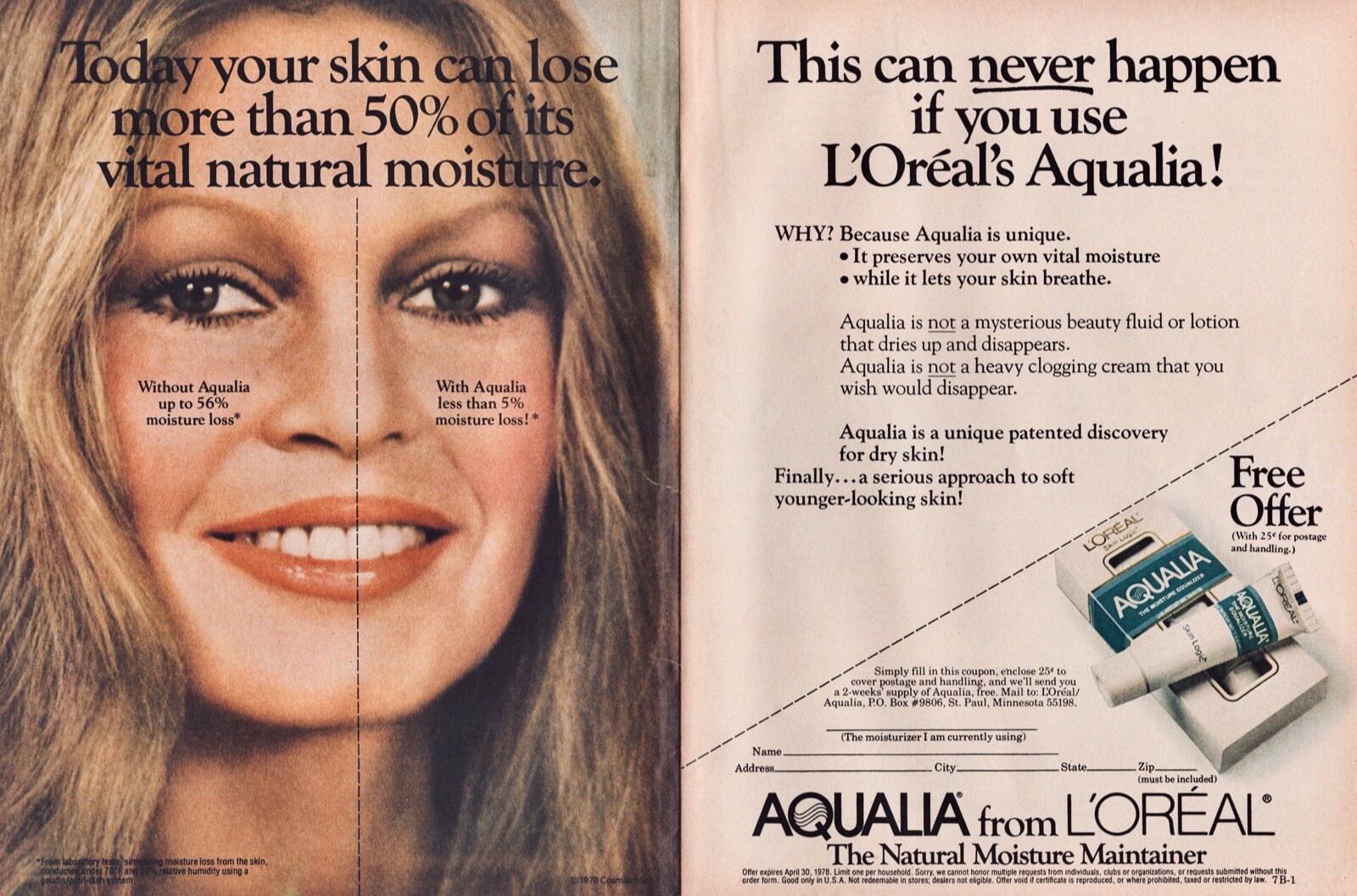 1977 BRIGETTE BARDOT ~ L\'OREAL Cosmetics Aqualia 2 Page vintage MAGAZINE AD