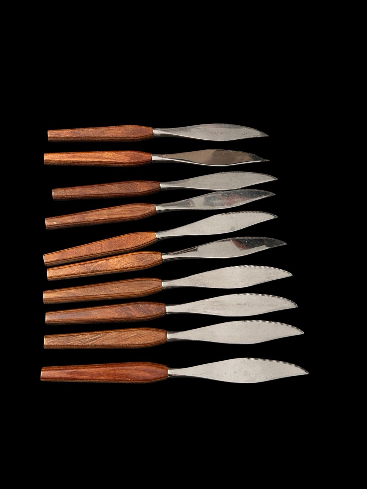 10 VTG MCM Fleetwood Teak Wood Steak Knives Danish Modern Stainless Steel 10 VTG MCM Fleetwood Teak Wood Steak Knives Danish Modern Stainless Steel