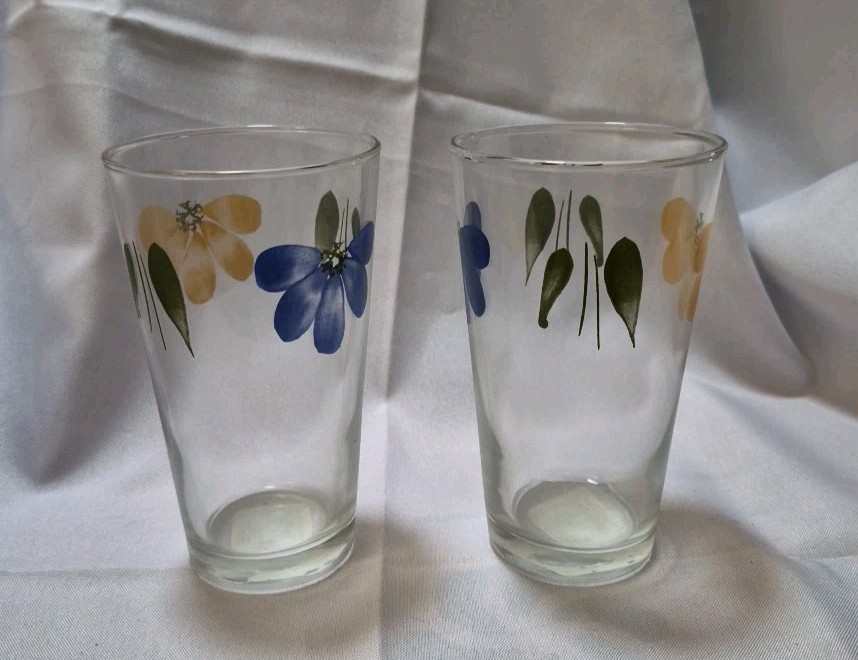 2 Vtg Italian Daisy by Maxam 6” Tumbler Glasses 17 oz Hand Painted Flowers