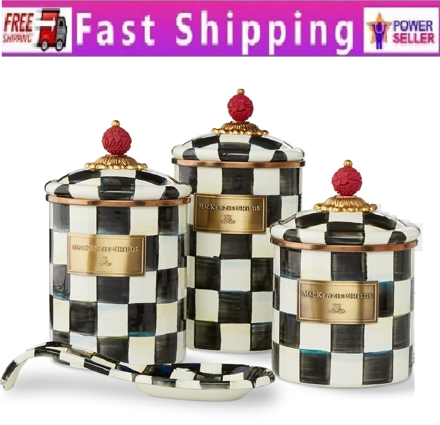MacKenzie-Childs Courtly Check Canister Set of 3, Stock US-No Import Fees