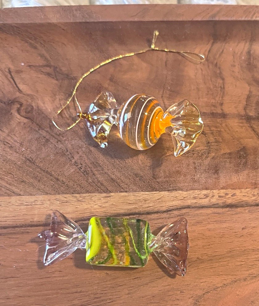 VTG Murano Style Art Glass Candy Christmas Ornaments Set of 2 Hand Blown Sweets