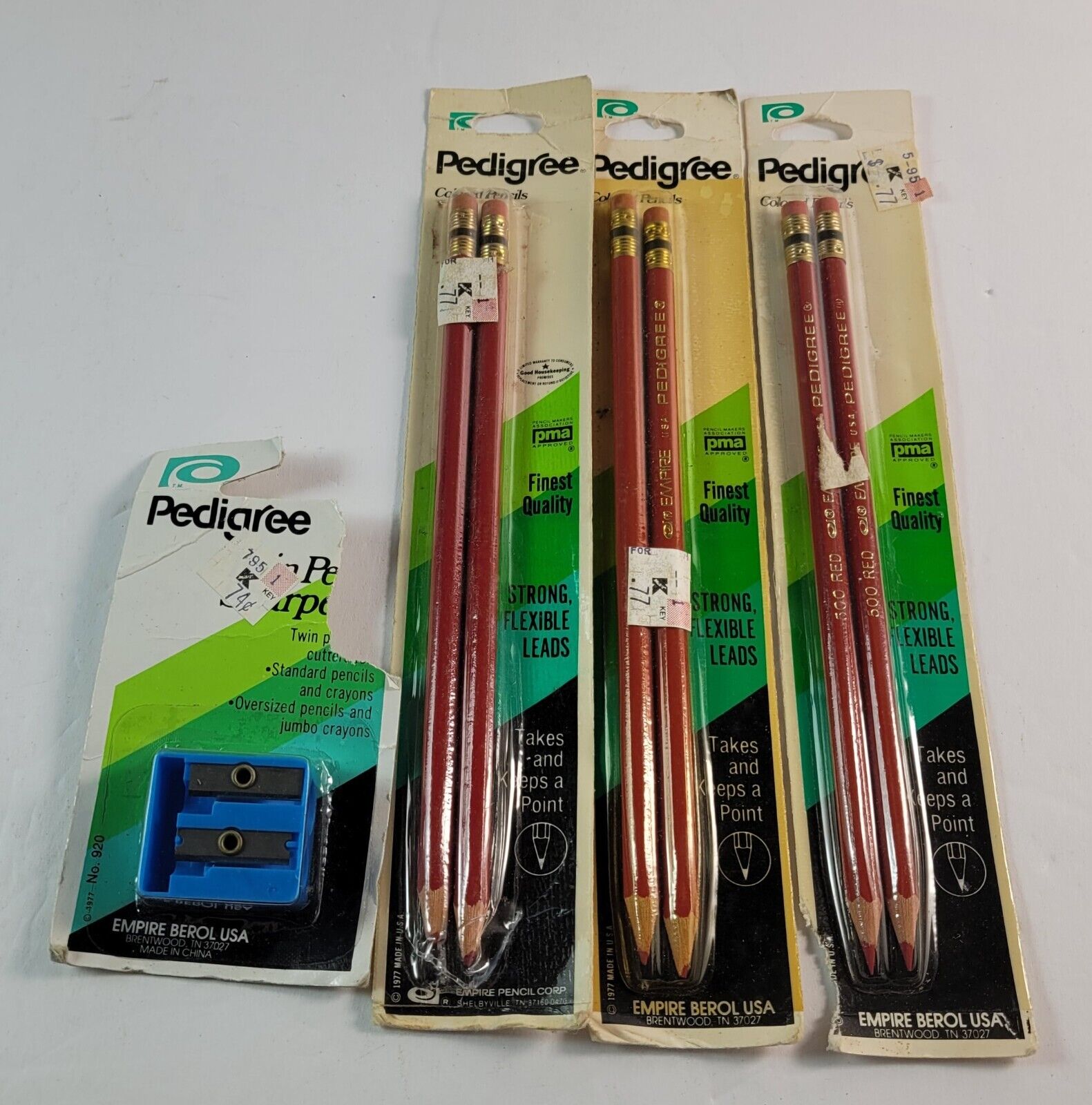 Vintage Lot 3 Packs 1977 Empire Pedigree Red Colored Pencils & Sharpener USA NOS