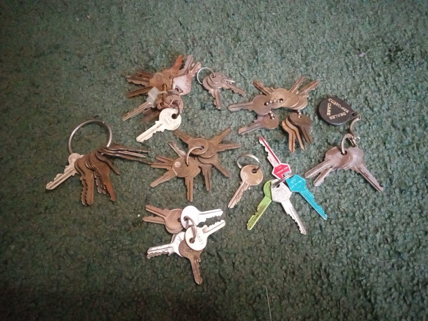 Vintage Old Keys Lot Of 9 Keychain Sets Mostly Brass Some Unique Rare Designs 
