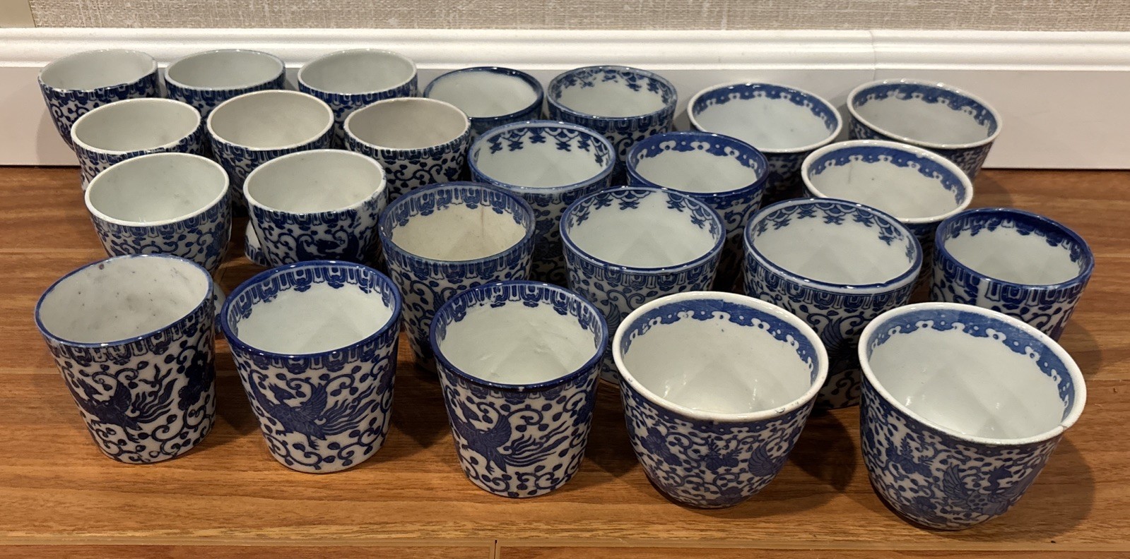 Collection Of 24 Antique & Vintage Japanese Blue Phoenix Small Custard/Tea Cups