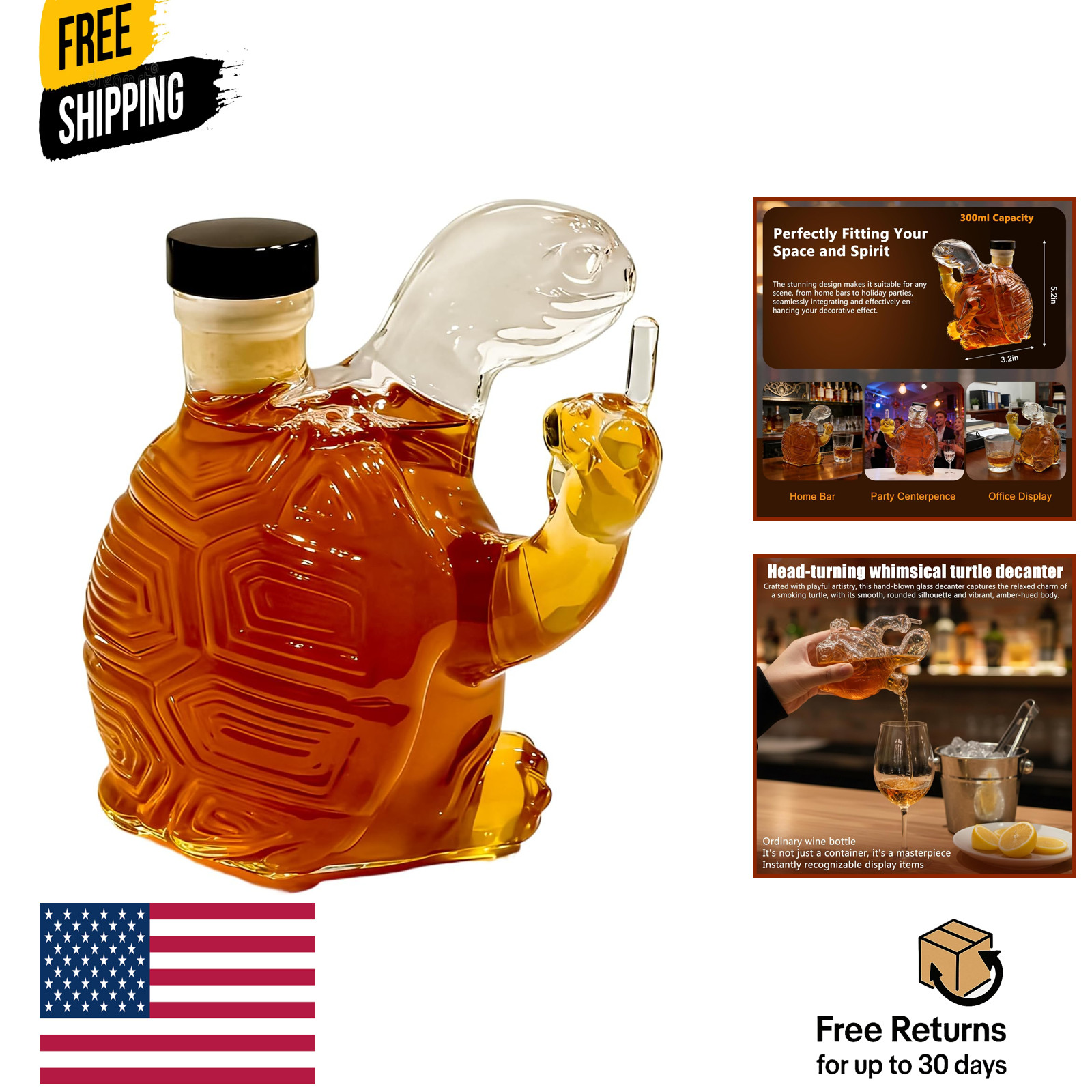 Adorable Turtle - Shaped Whiskey Decanter, Premium Glass Wine Bottle for Whiskey