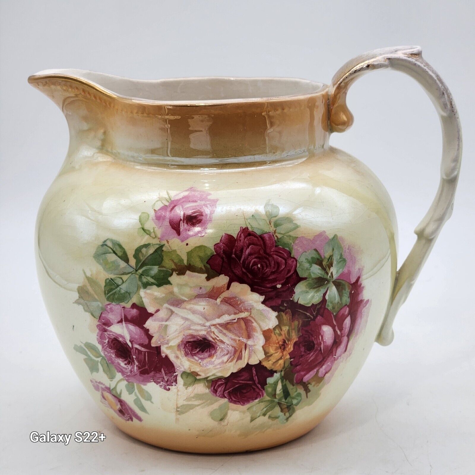 Antique Stinthal PITCHER LUSTERWARE HANDPAINTED PINK ROSES Gold Trim #1069