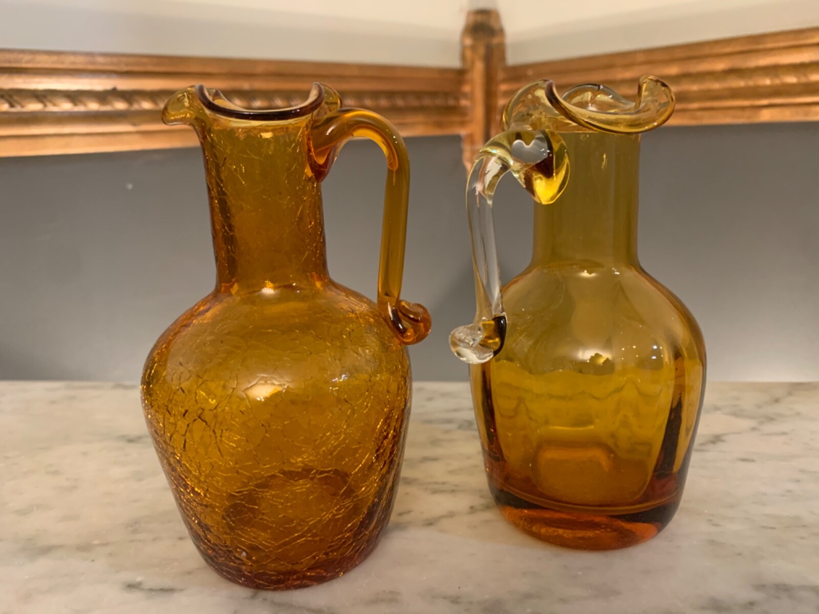 Vintage Amber Crackle Glass Cruet & clear Miniature Pitcher hand blown