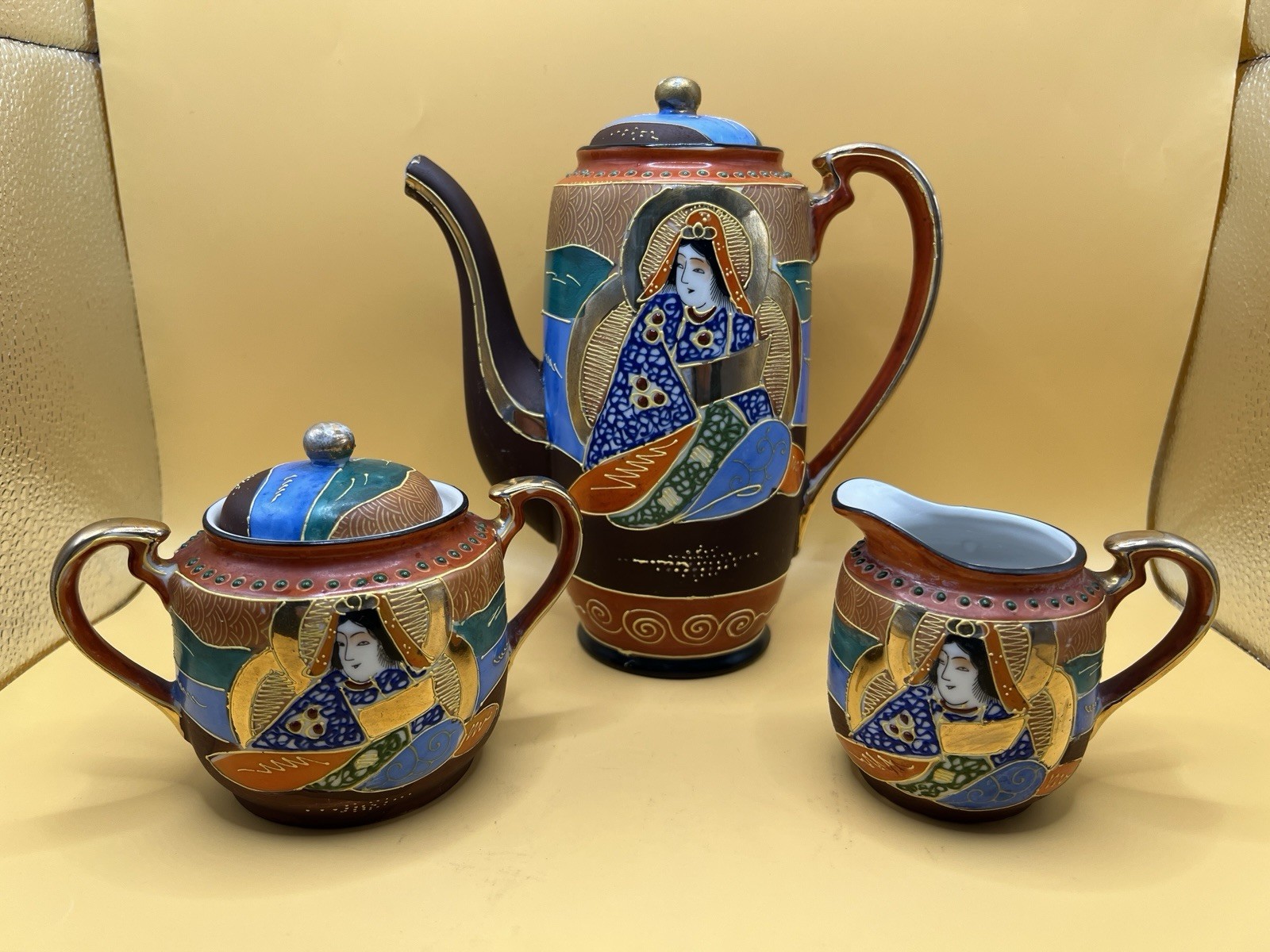 Vintage Japanese SATSUMA MORIAGE Immortals Tea Set Gilding VG+++
