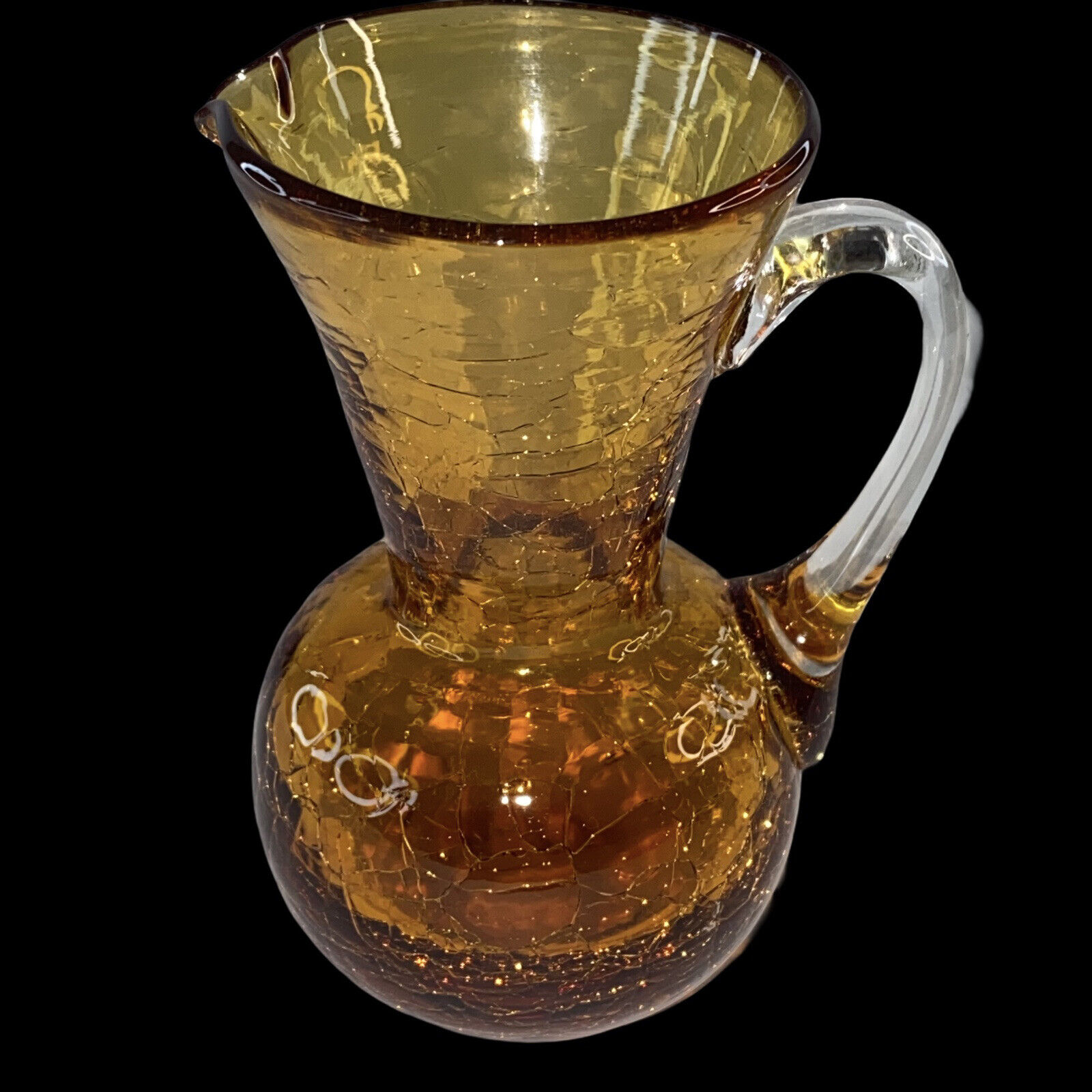 Vintage Art Glass Pitcher Crackle Glass Amber Gold 3.75”T 2.75”W