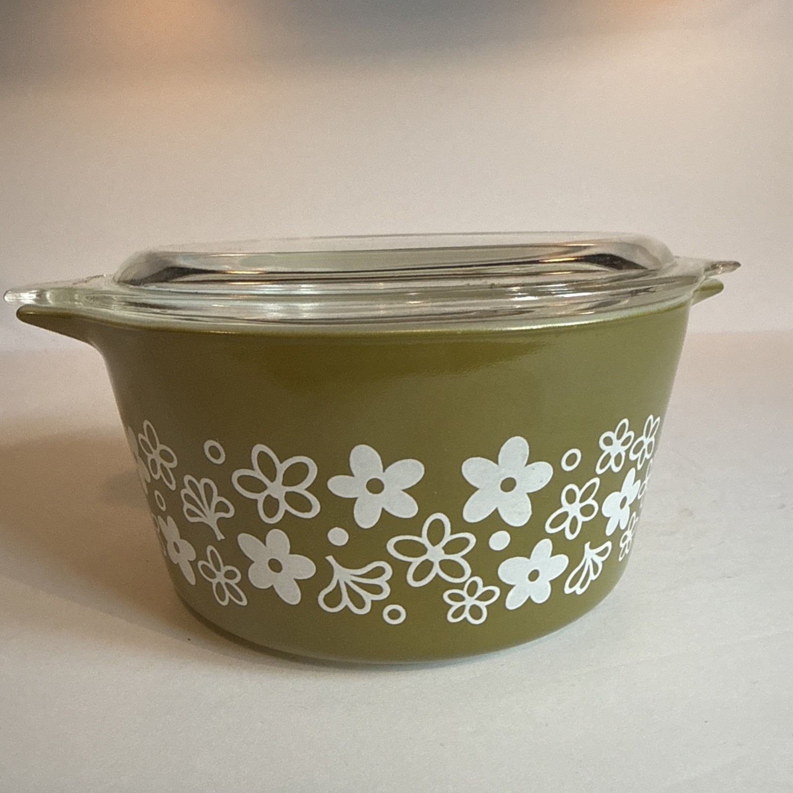 VTG Pyrex Green Crazy Daisy Casserole Dish 473 1 QT Spring Blossom With Lid **