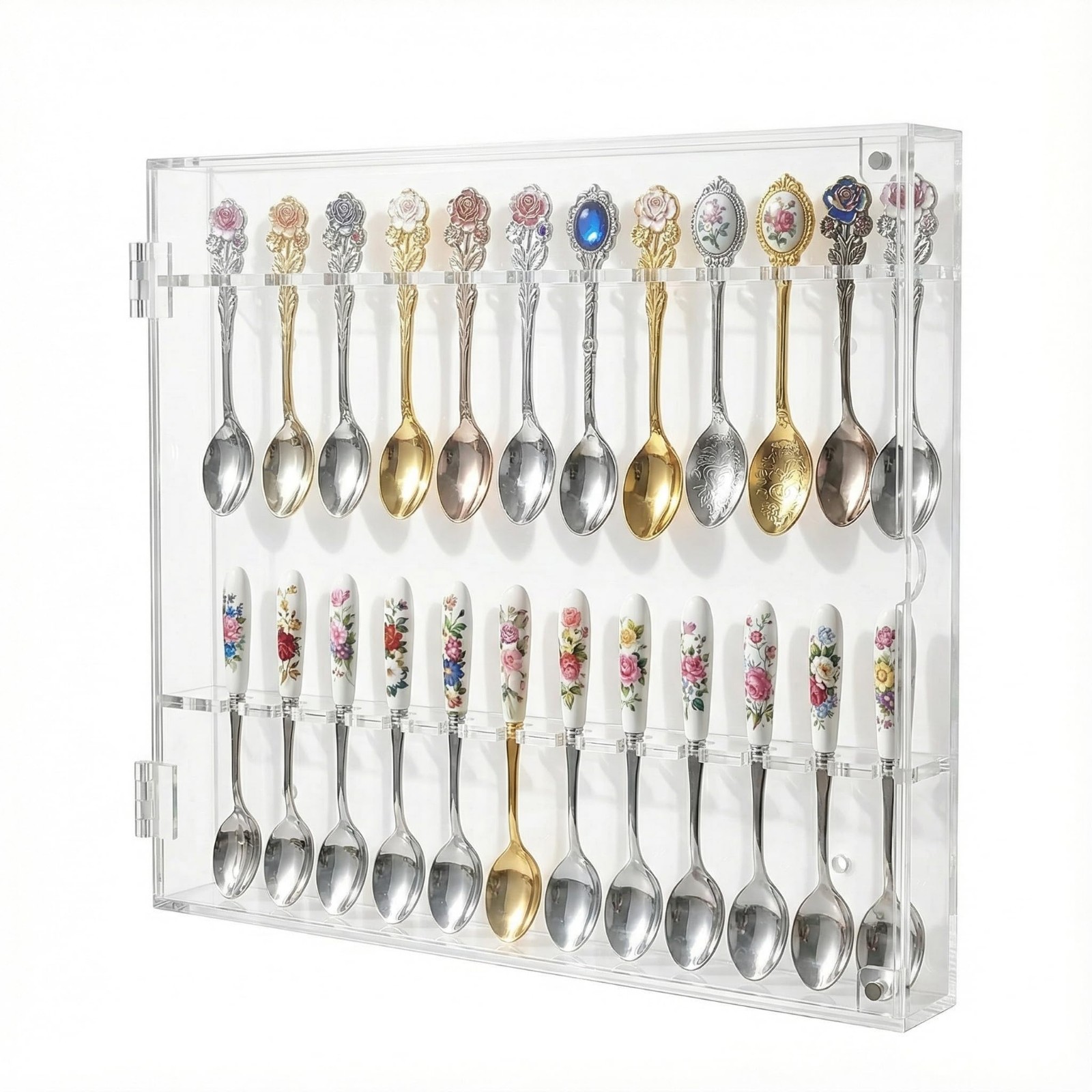 Clear Tea Spoon Display Case Rack - Lockable Wall Cabinet for 24 Spoons